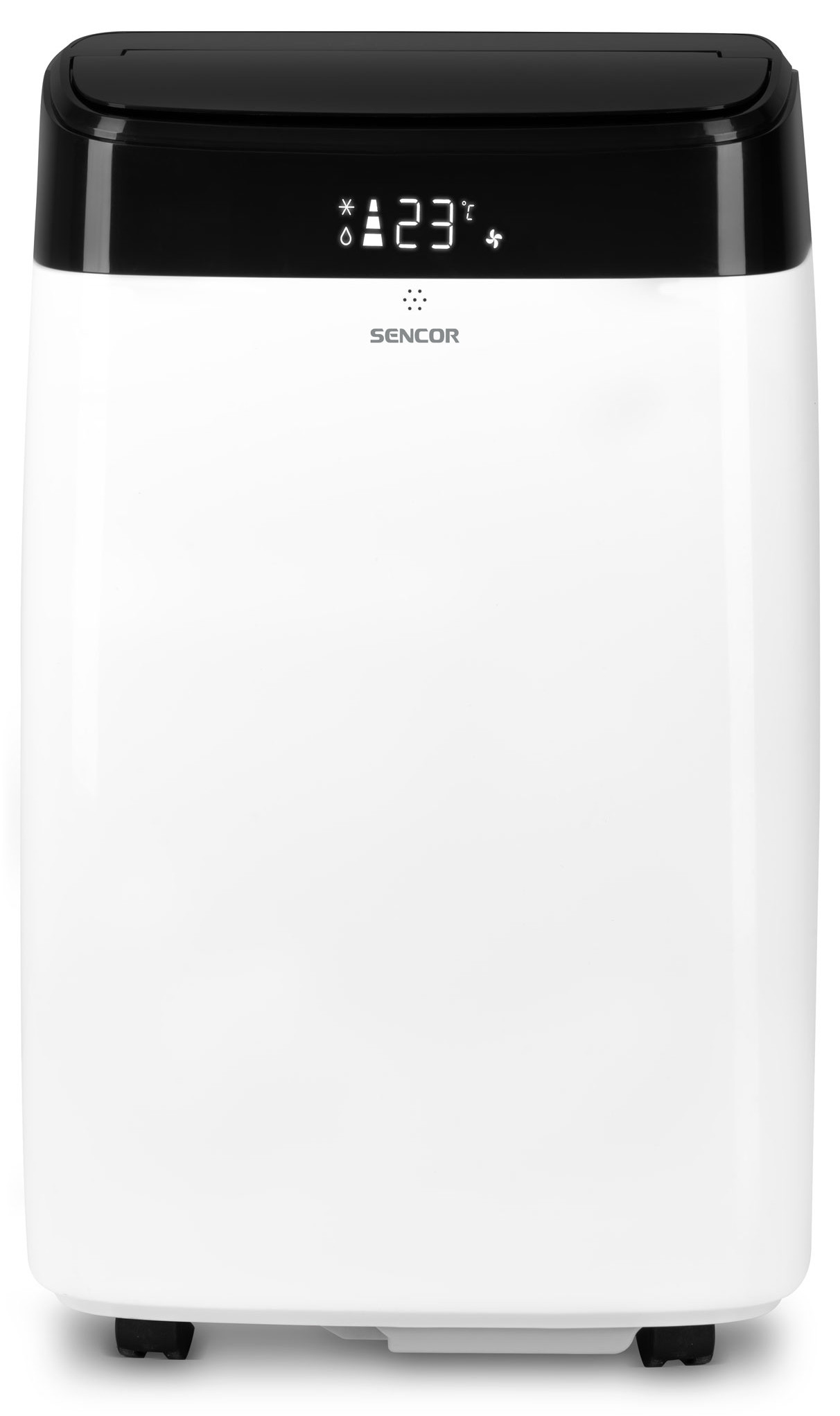 Biało-czarny klimatyzator. Posiada wyświetlacz pokazujący temperaturę i ustawienia. Marka SENCOR.