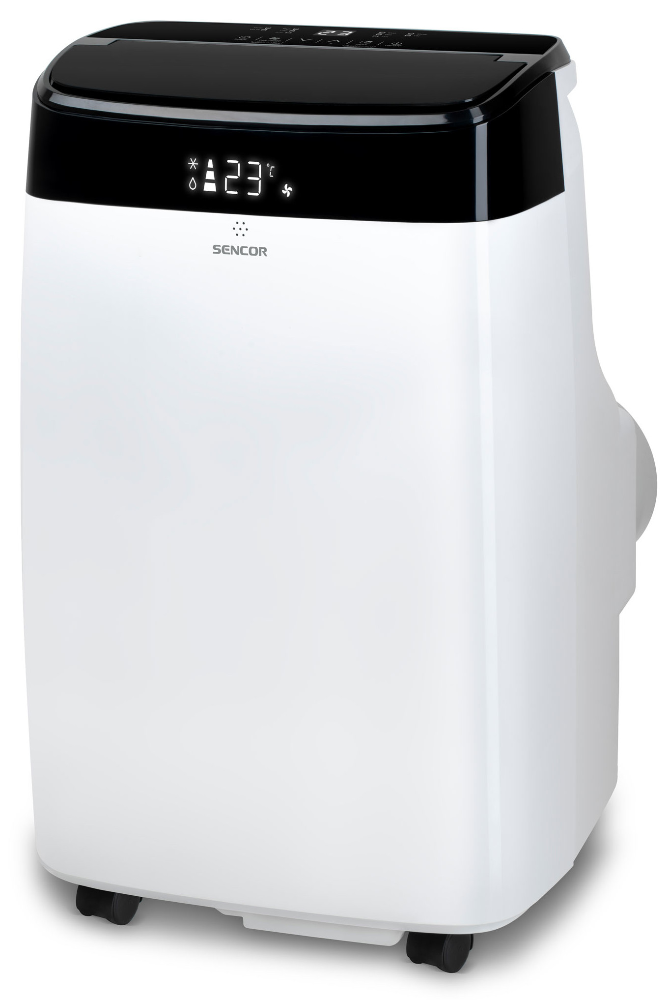 Przenośny klimatyzator w kolorze białym i czarnym, pokazujący wyświetlacz z 23°C.