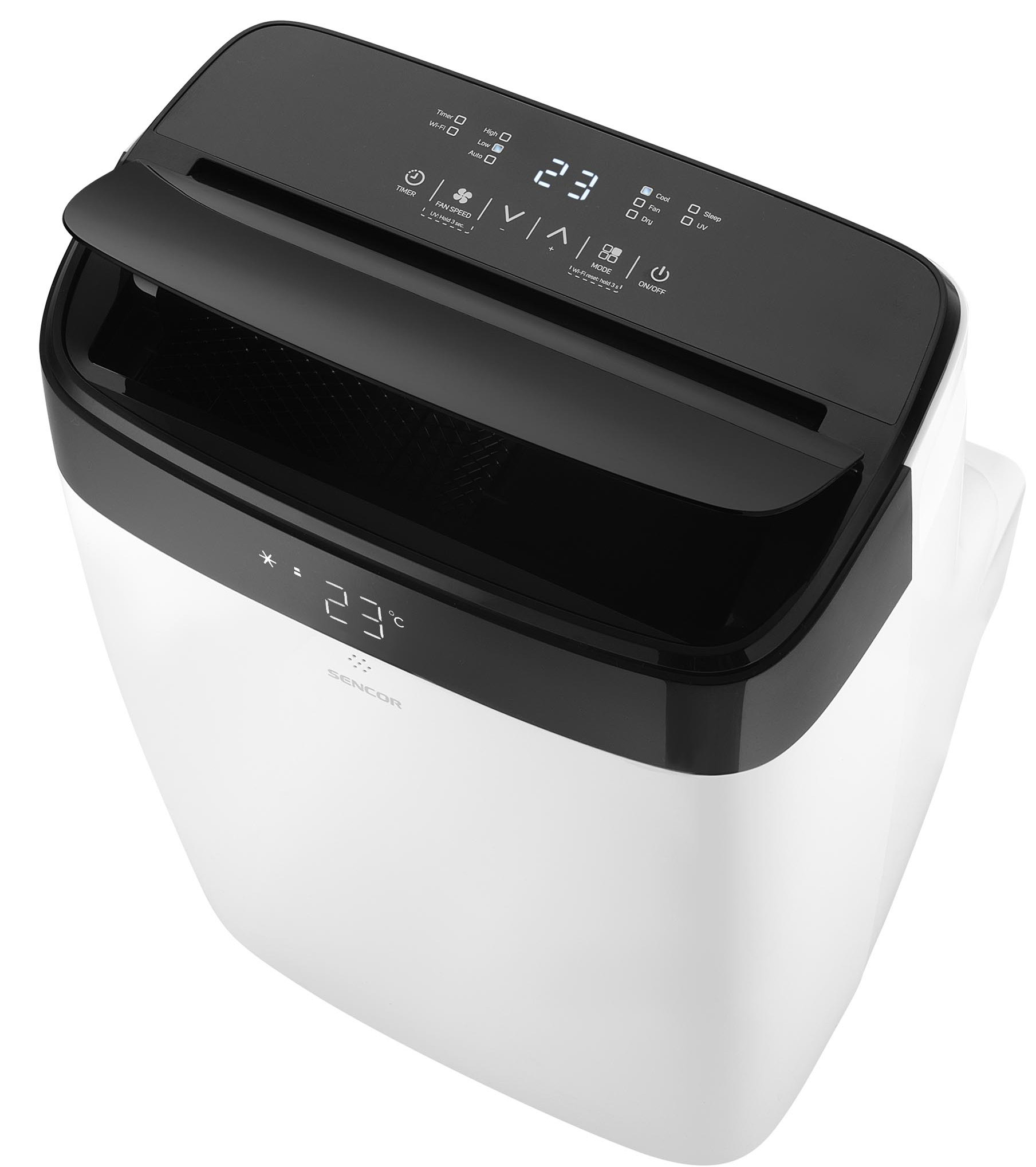 Biały i czarny oczyszczacz powietrza. Wyświetlacz pokazuje 23°C. Górny panel otwarty.