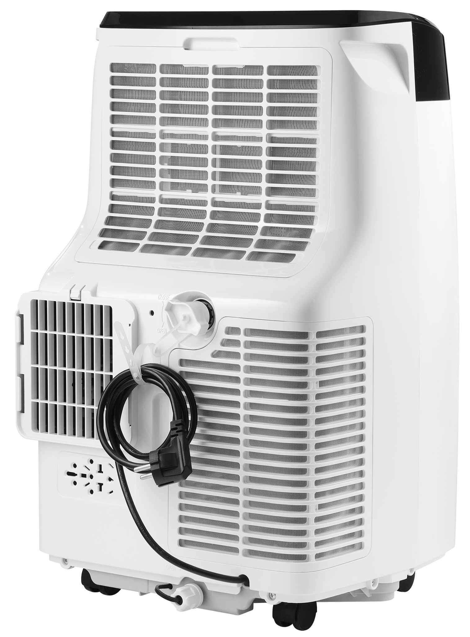 Tył białej przenośnej klimatyzacji z przewodem zasilającym.