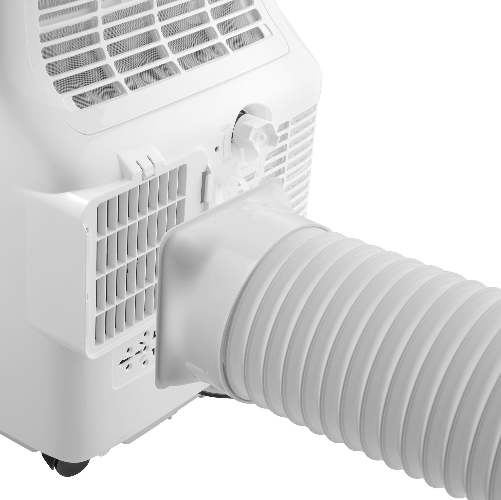 Biała klimatyzacja z długim, białym, elastycznym wężem wylotowym.