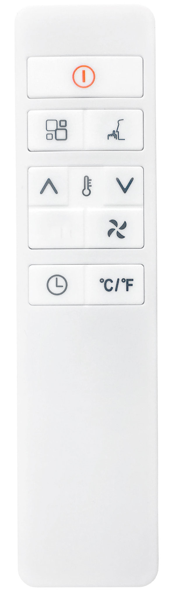 Biały pilot z różnymi przyciskami i ikonami do sterowania urządzeniami.