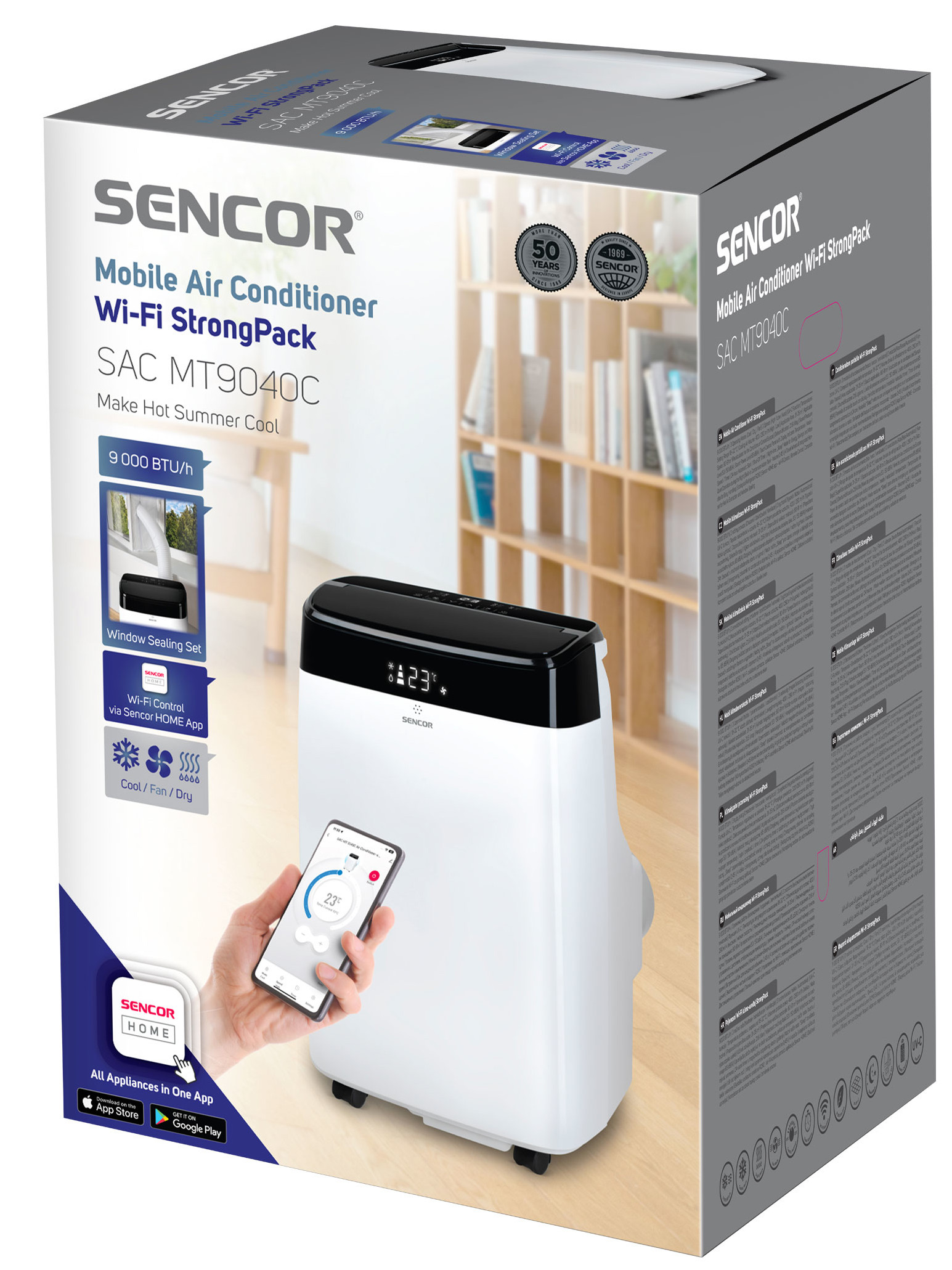 Biało-czarne przenośne pudełko klimatyzatora ze sterowaniem smartfonem.