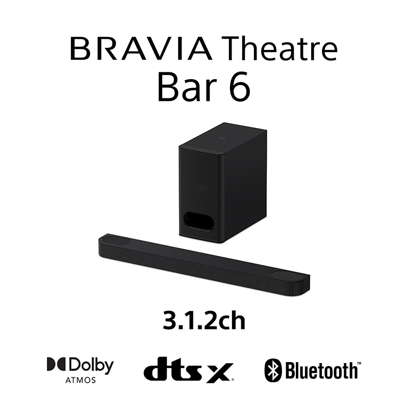 Czarny zestaw soundbar i subwoofer, z napisem "BRAVIA Theatre Bar 6" nad nim.