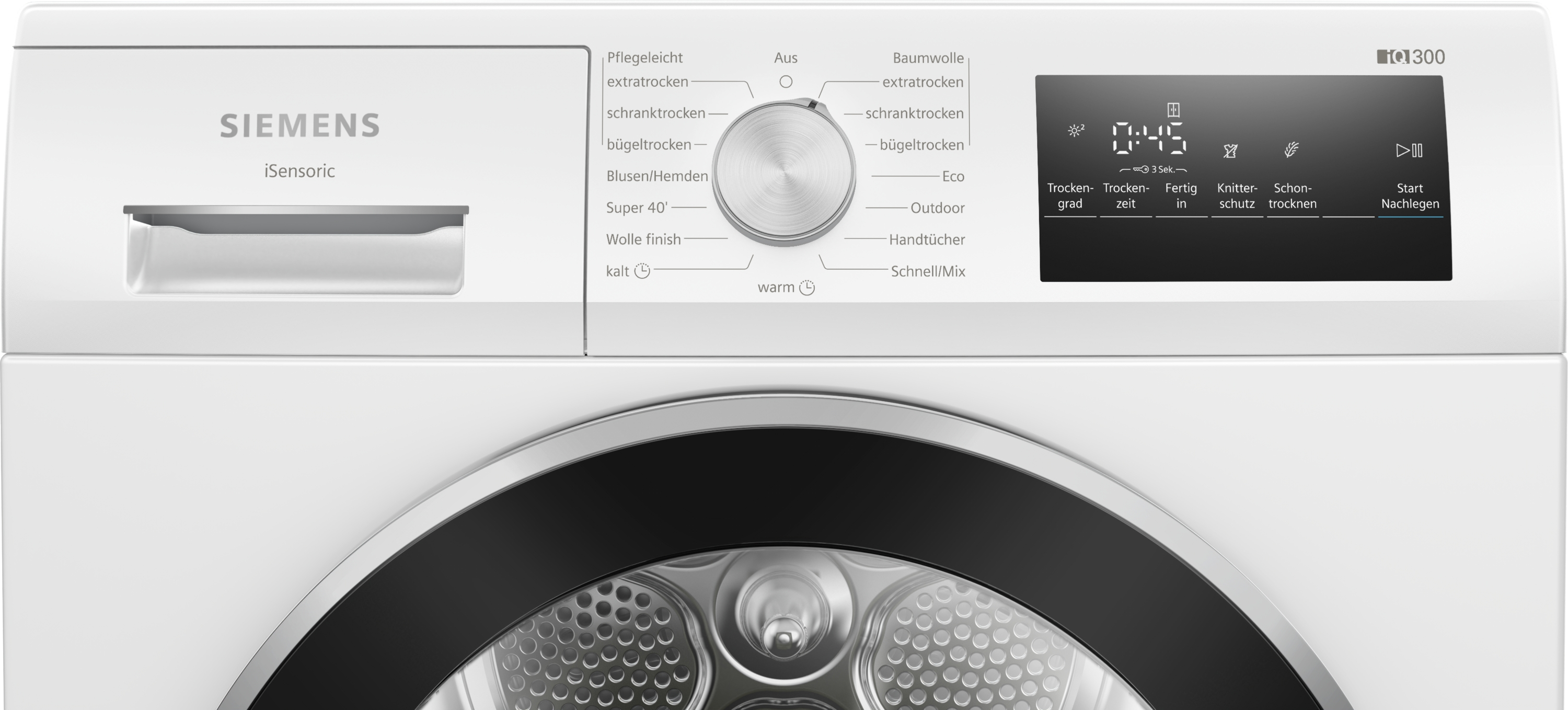 Ein weißer Siemens-Trockner mit Bedienfeld. Er hat einen Drehregler und ein Digitaldisplay mit Zeit und Optionen.