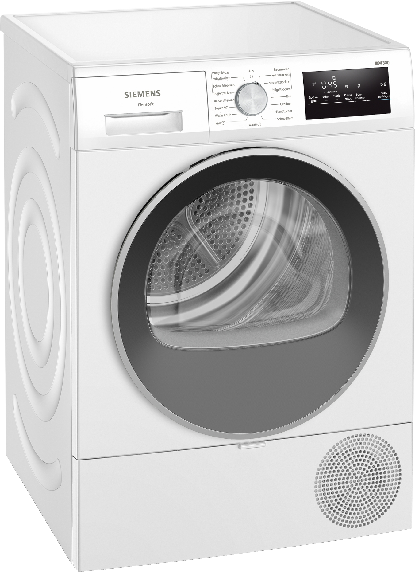 Ein weißer Siemens-Trockner mit runder schwarzer Tür. Er hat ein Bedienfeld mit Knöpfen und ein Digitaldisplay mit der Zeit.