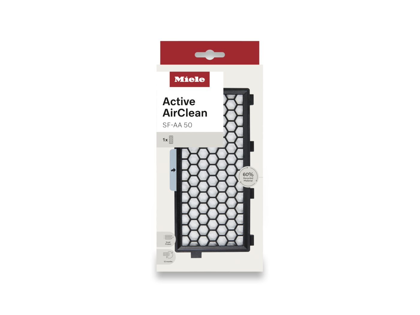 Miele Active AirClean Filterbox. Schwarzer Rahmen umgibt einen Wabenfilter. Text enthält Markenname und Produktdetails.