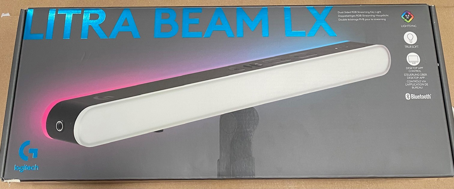Listwa świetlna Logitech Litra Beam LX w pudełku, z wyświetlanym tekstem i logo.
