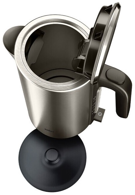 Elektryczny czajnik Braun ze stali nierdzewnej, otwarty i pusty.