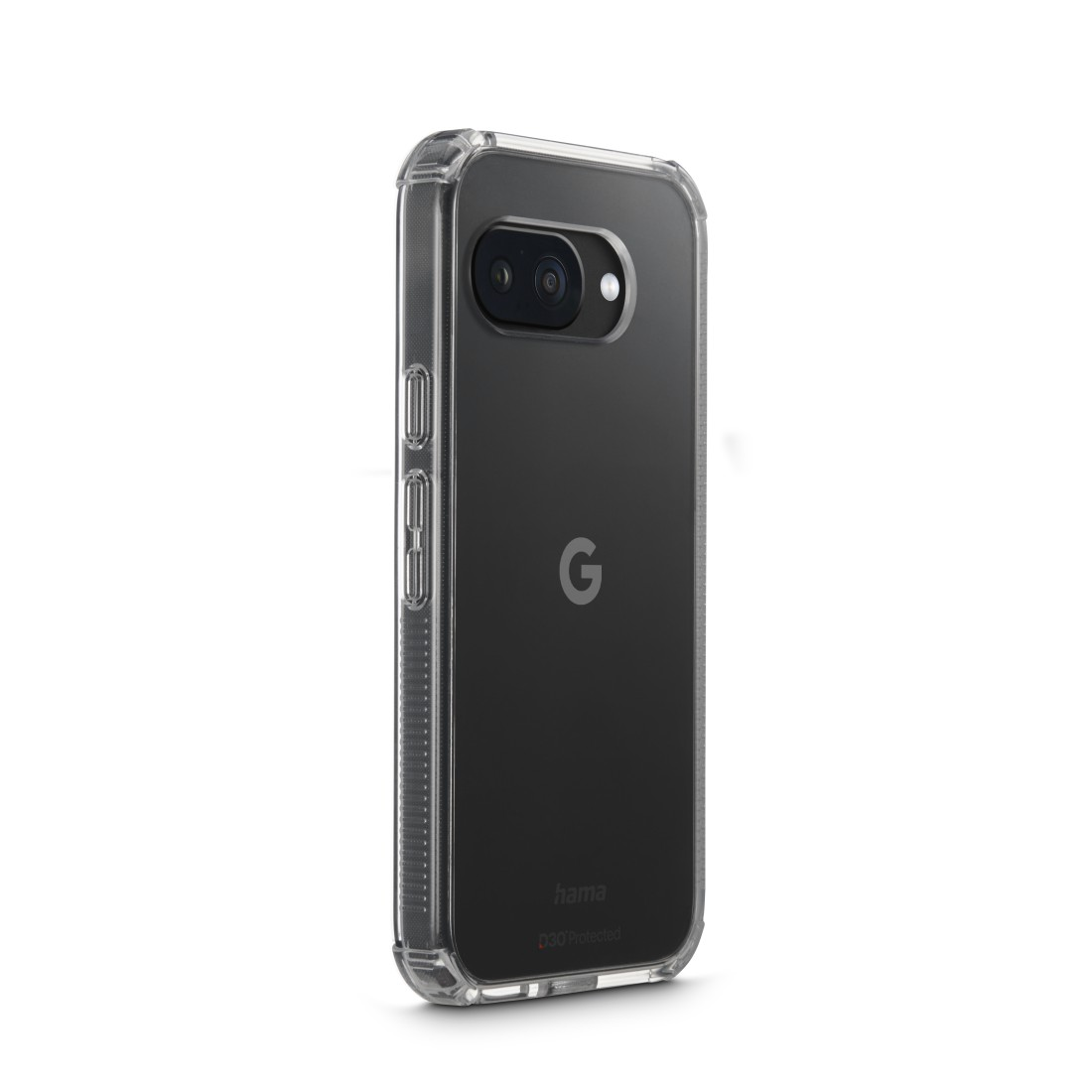 Eine transparente Handyhülle auf weißem Untergrund. Die Hülle zeigt ein Google-Telefon mit dem Buchstaben G, und die Hülle hat den Markennamen Hama.