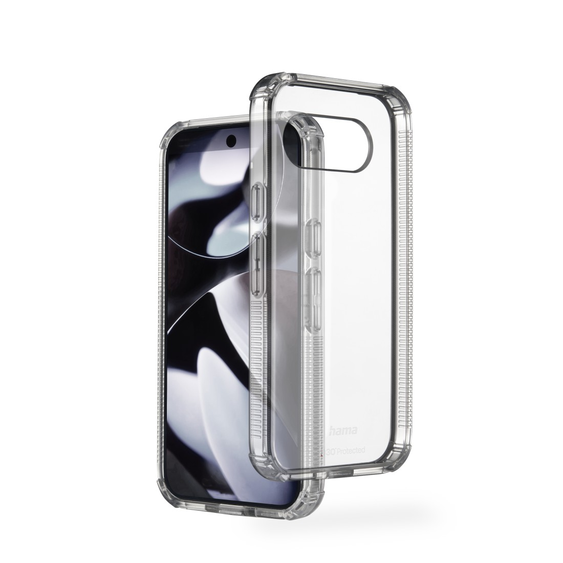 Eine transparente Handyhülle neben einem Telefon. Der Bildschirm des Telefons zeigt ein abstraktes Schwarz-Weiß-Bild. Die Hülle hat einen Schutzrand.