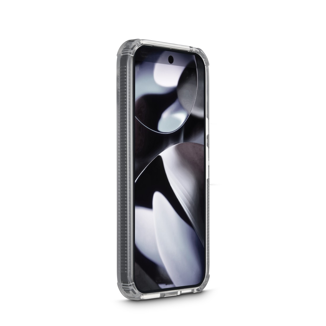 Ein Smartphone in einer transparenten Hülle. Der Bildschirm zeigt ein verschwommenes Schwarz-Weiß-Bild. Das Telefon ist leicht abgewinkelt.