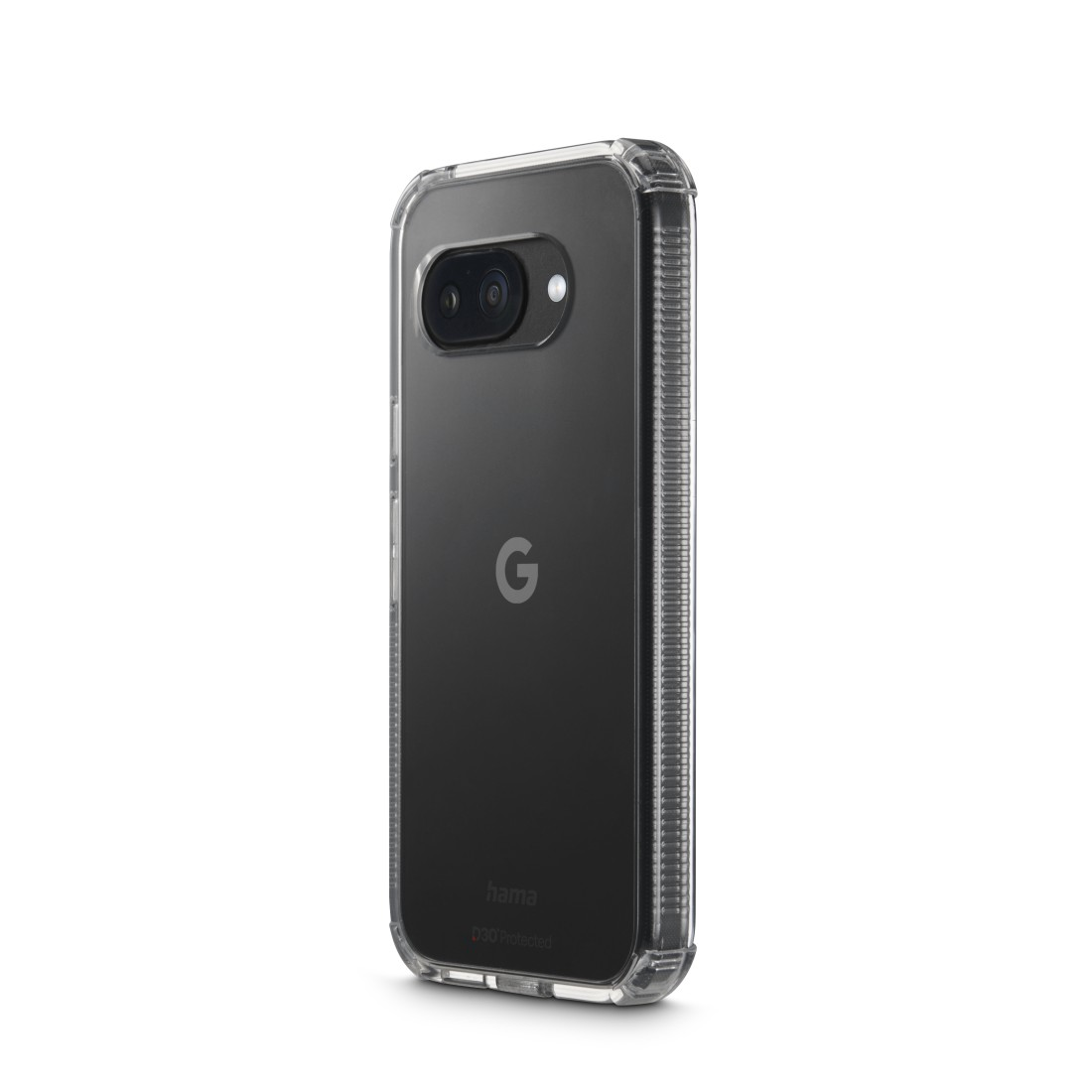 Eine transparente Handyhülle auf einem schwarzen Handy. Das Handy hat eine Kamera und das Google-Logo. Die Hülle hat einen Schutzstoßfänger.