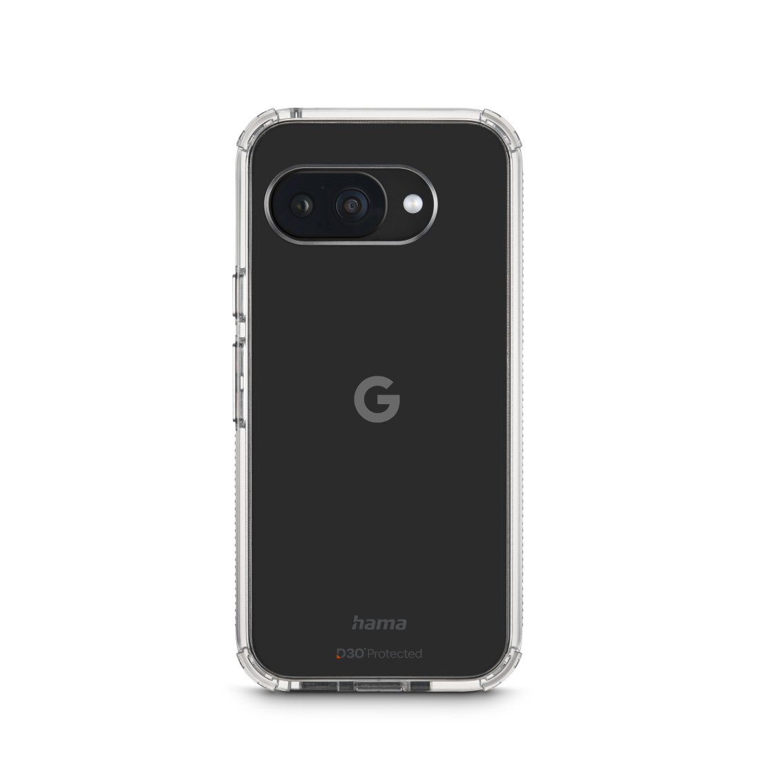 Ein Google Pixel-Telefon in einer transparenten Schutzhülle. Die Hülle hat einen transparenten Rand. Das Telefon hat eine Dual-Kamera und ein 'G'-Logo.