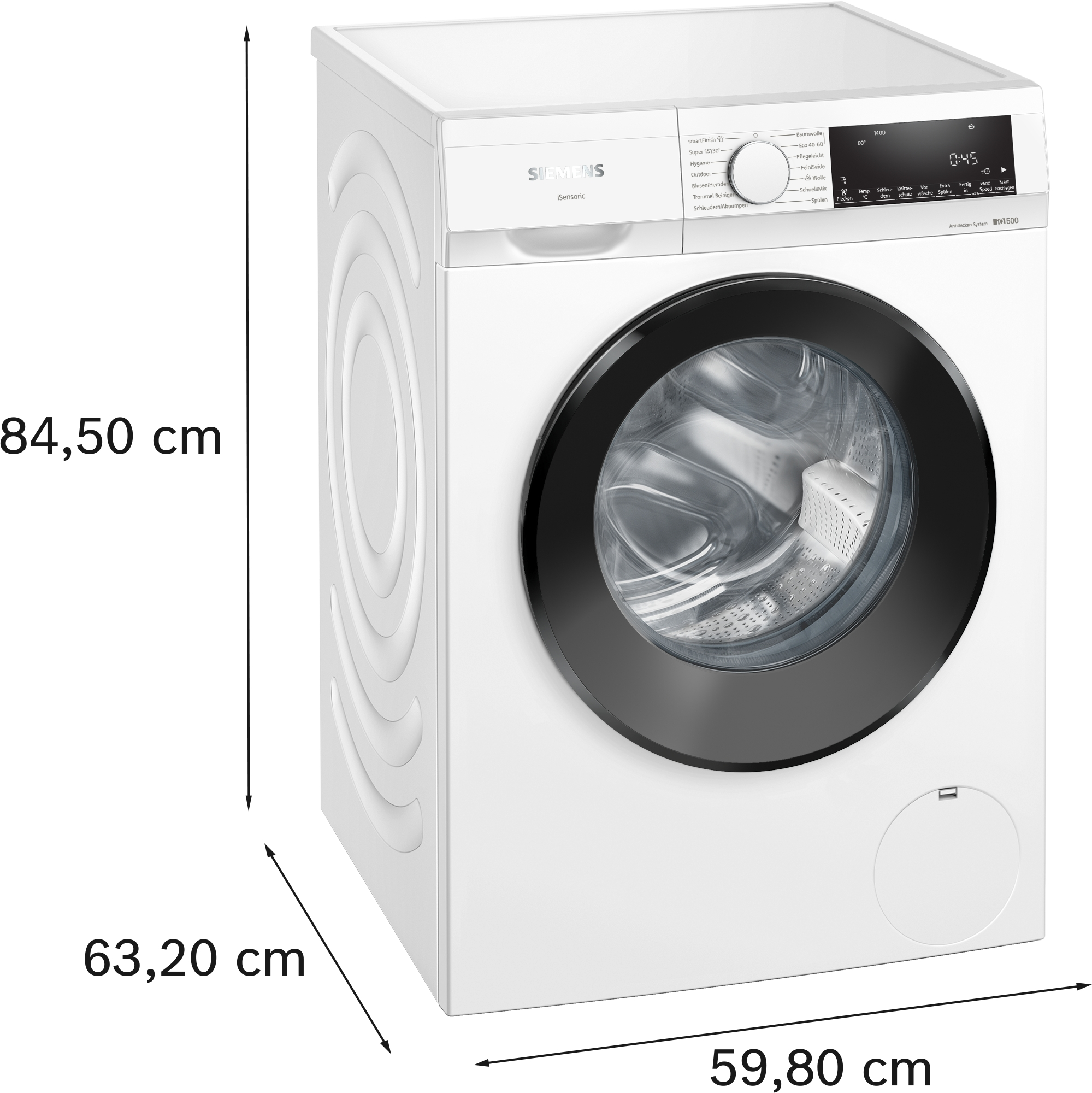 Eine weiße Siemens Waschmaschine mit beschrifteten Abmessungen, Frontansicht. Schwarze Tür und Bedienfeld.