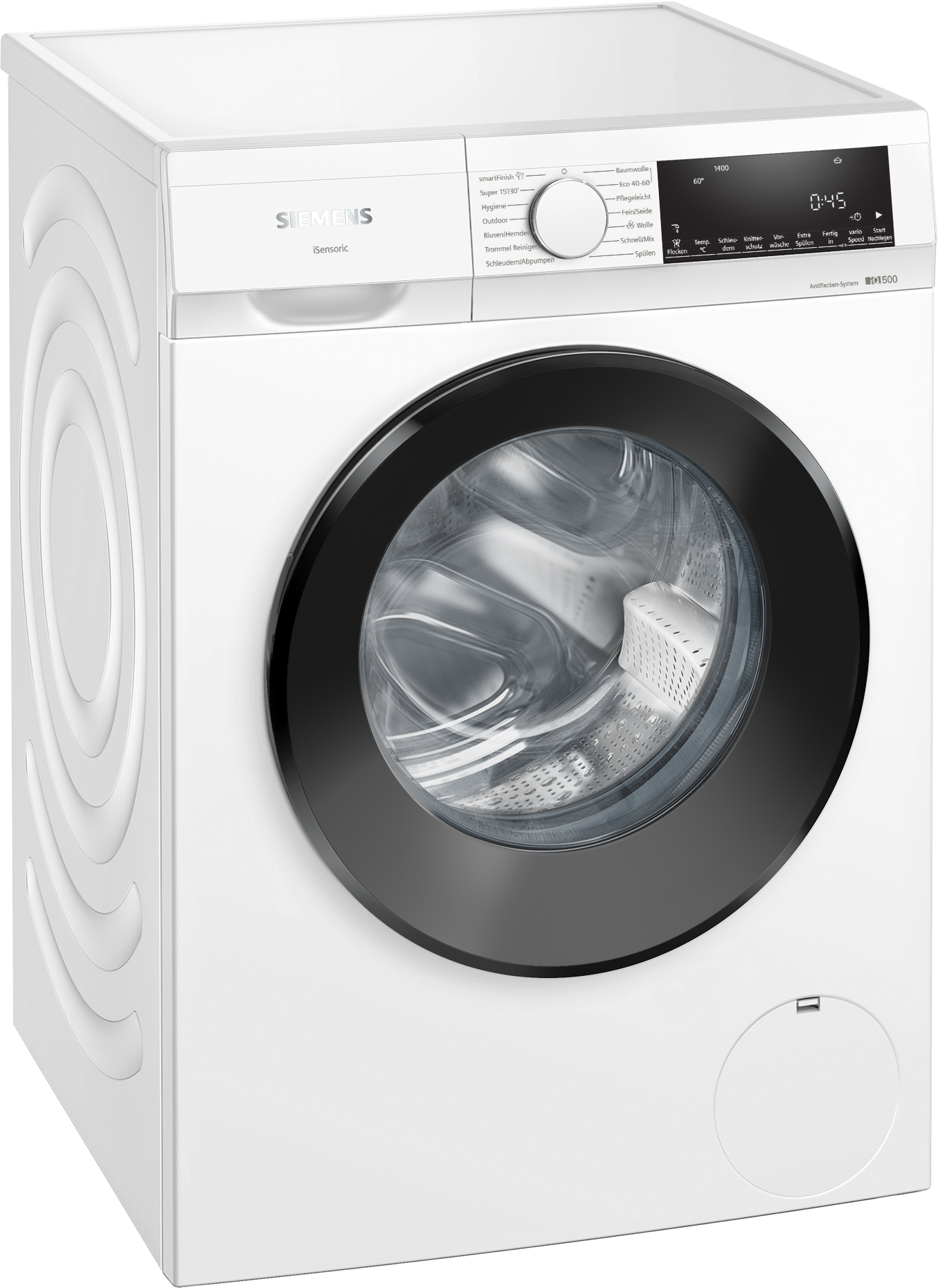 Weiße Waschmaschine mit schwarzer Tür. Bedienfeld oben mit Text: Siemens.