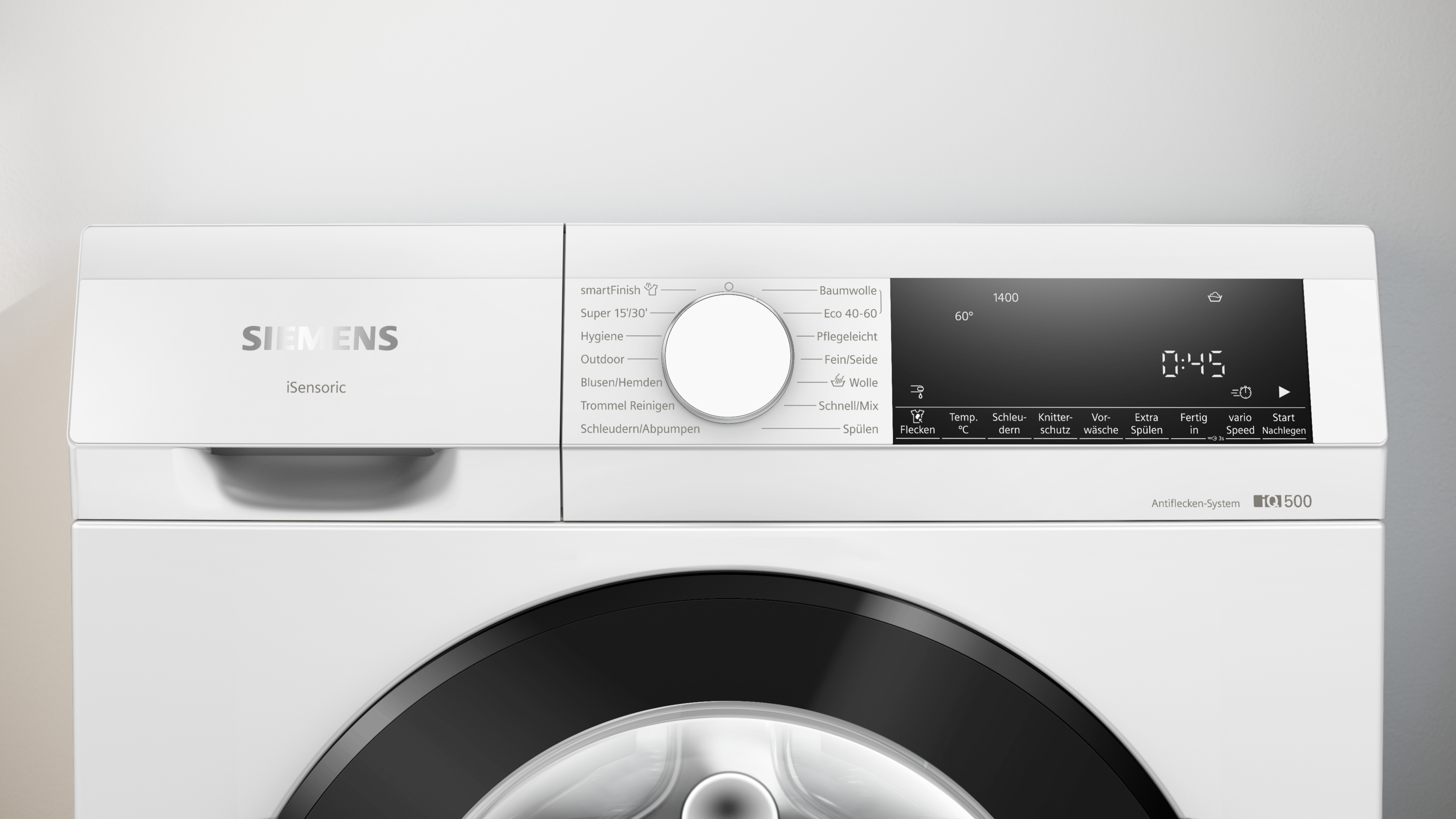 Ein weißes Siemens Waschmaschinen-Bedienfeld mit Knöpfen und digitaler Anzeige.