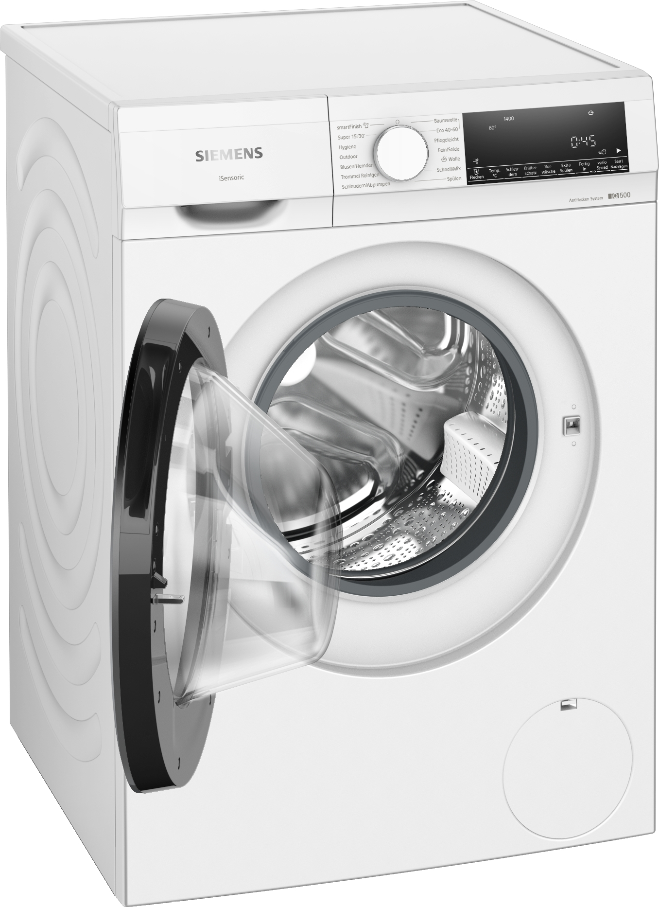Weiße Waschmaschine mit offener Tür.