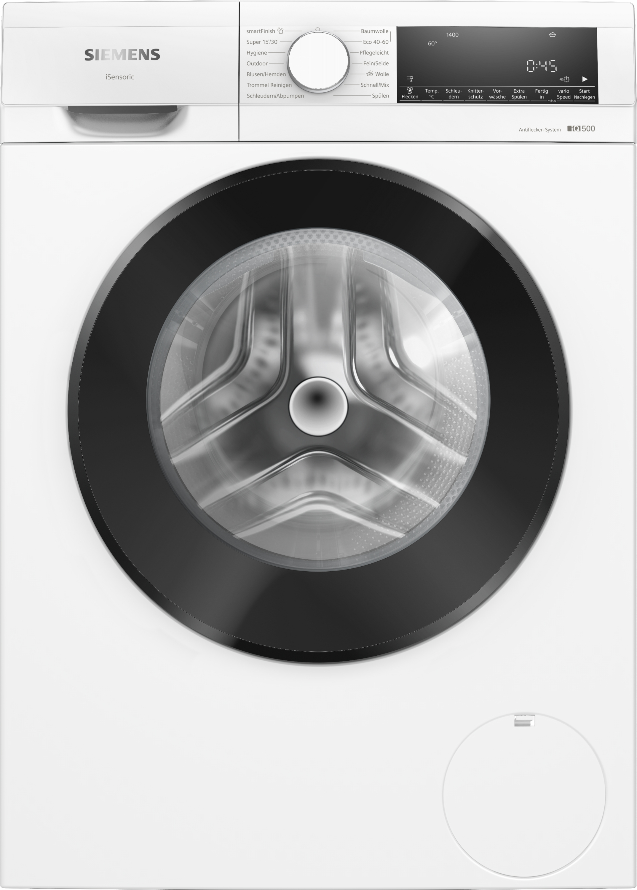 Weiße Siemens iSensoric Waschmaschine. Vorderansicht. Bedienfeld oben. Schwarze Tür.