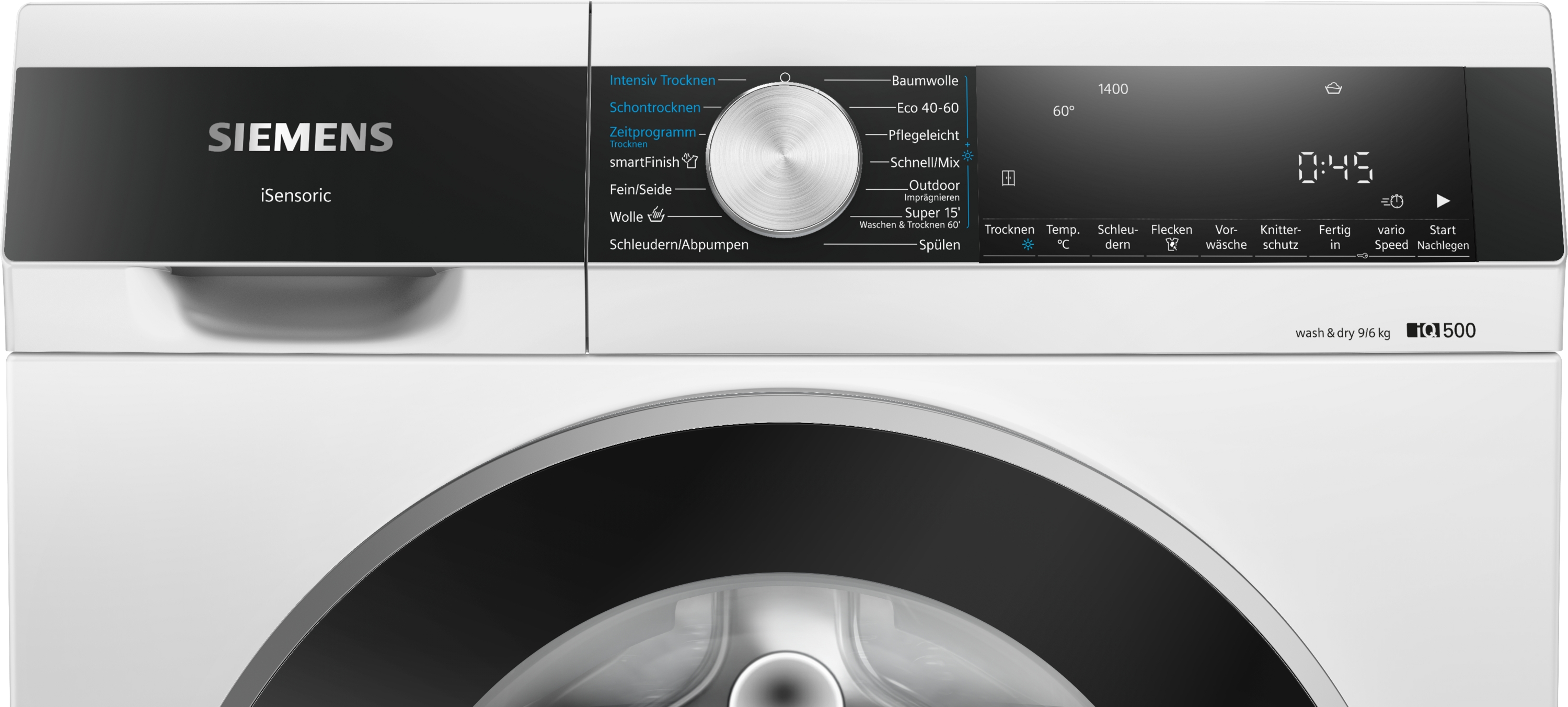 Nahaufnahme des Bedienfelds einer weißen Siemens Waschmaschine mit verschiedenen Einstellungen.