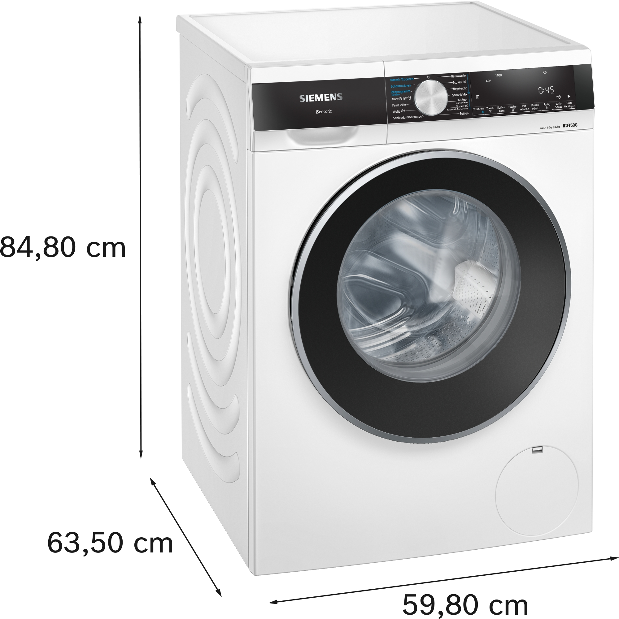 Eine weiße Siemens Waschmaschine mit beschrifteten Abmessungen.