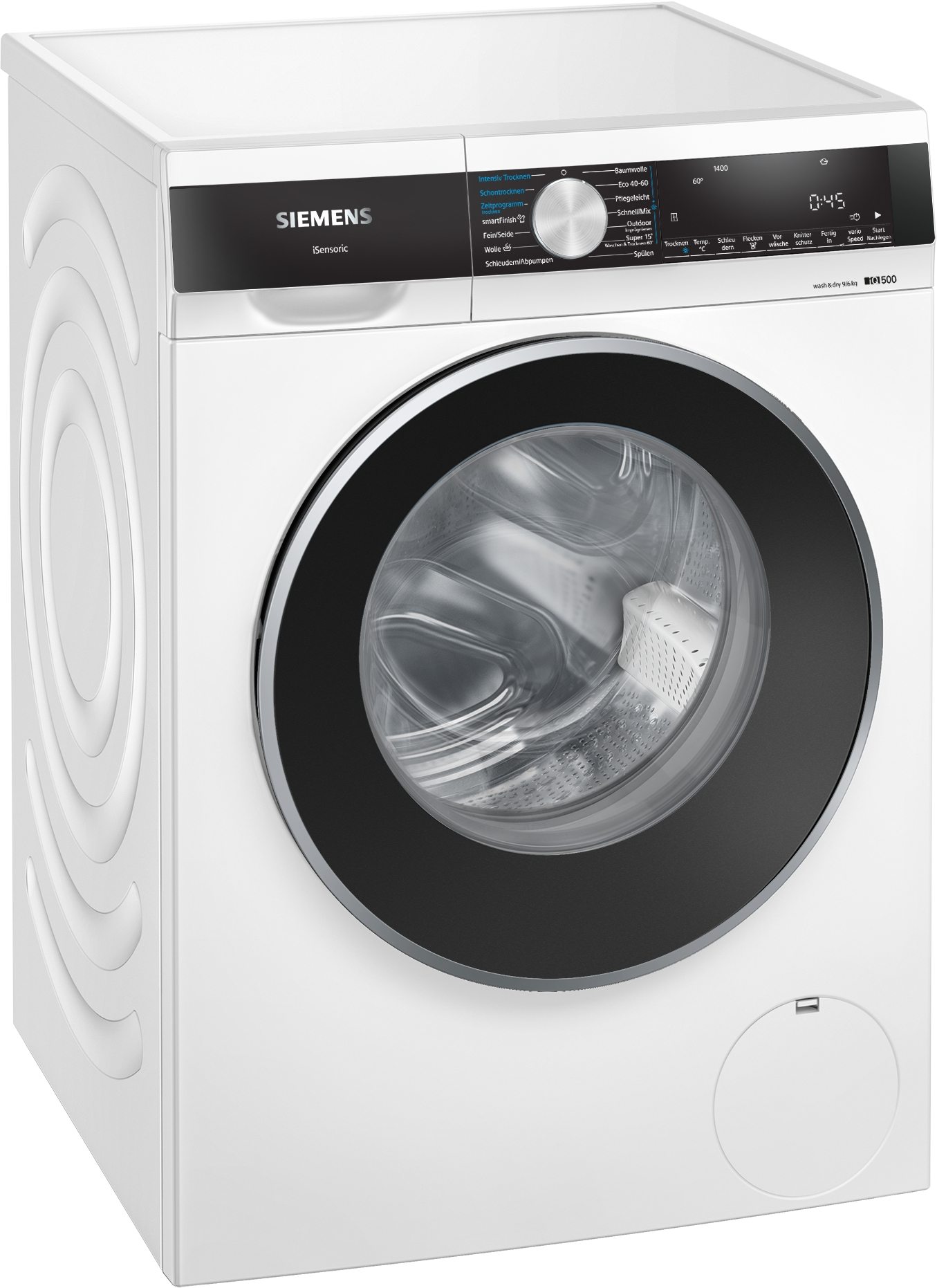 Weiße Siemens Waschmaschine. Schwarzes Bedienfeld und Tür. Weiße Seitenwand mit kreisförmigen Details.