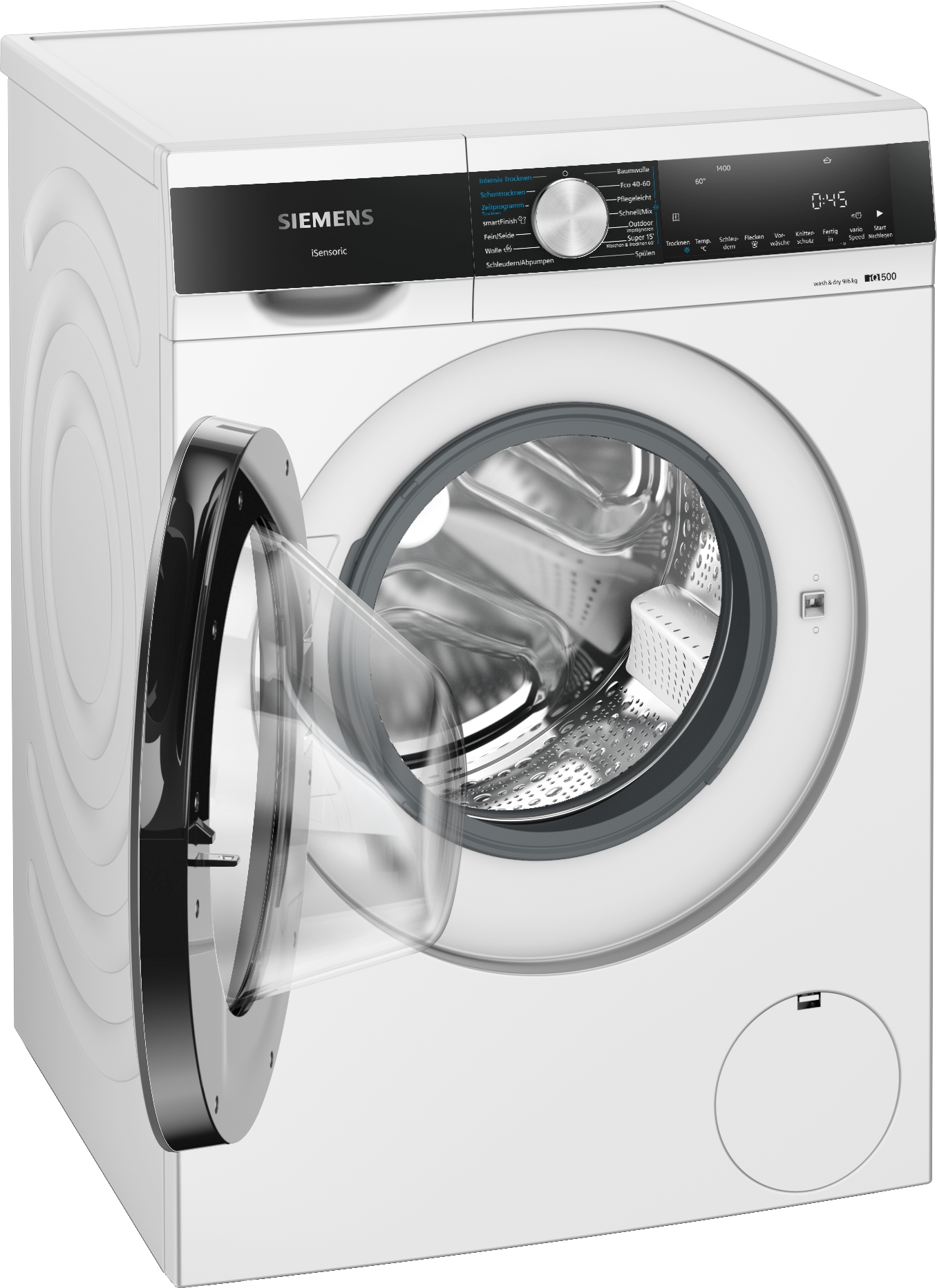 Weißer Siemens-Kühlschrank mit offener Tür, die das Innere zeigt.