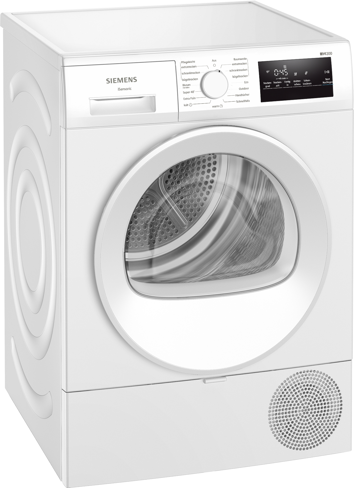 Eine weiße Siemens Trocknermaschine mit runder Tür und Bedienfeld.