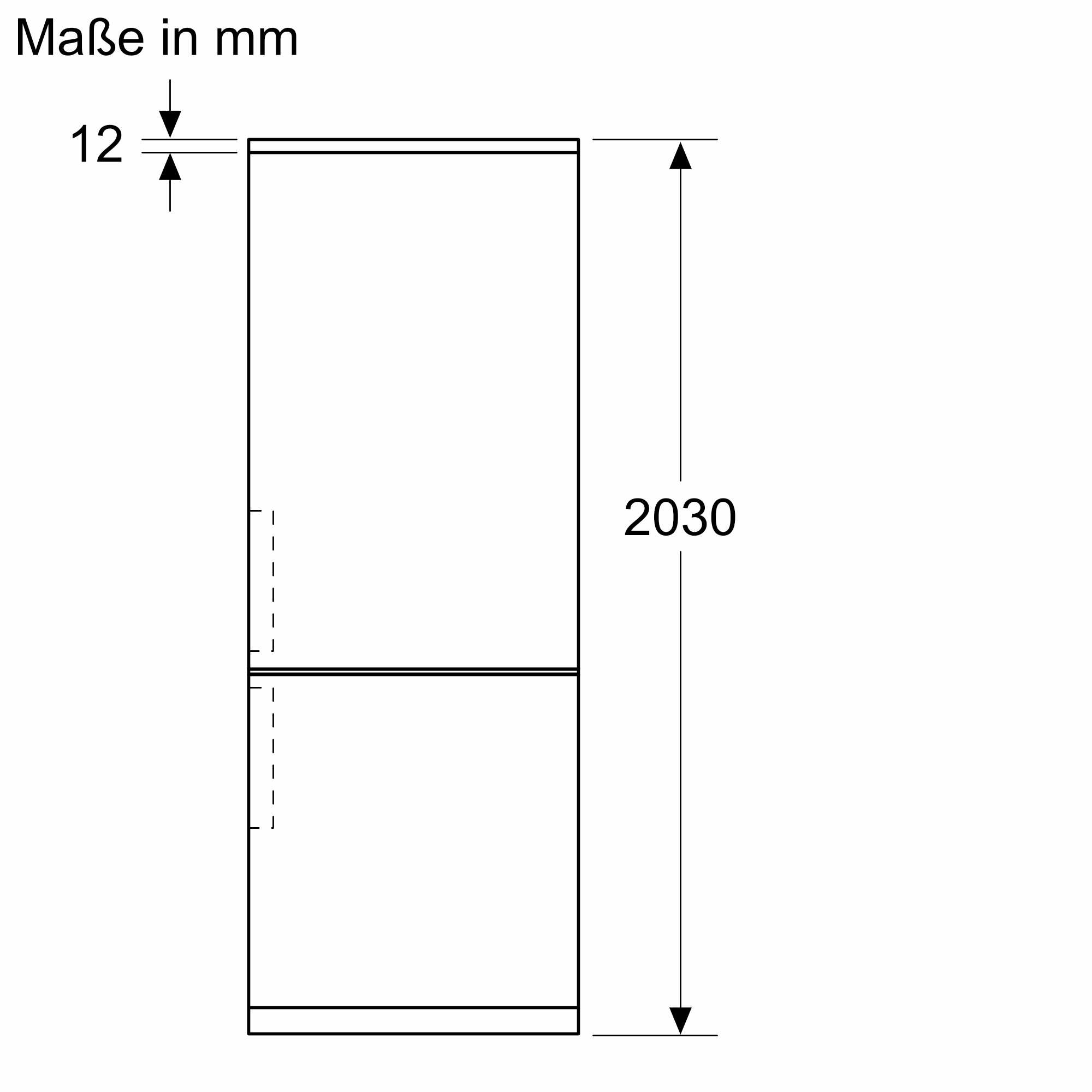 Ein weißer Kühlschrank mit Maßangaben in mm wird gezeigt, einschließlich Höhe und Türbreite.