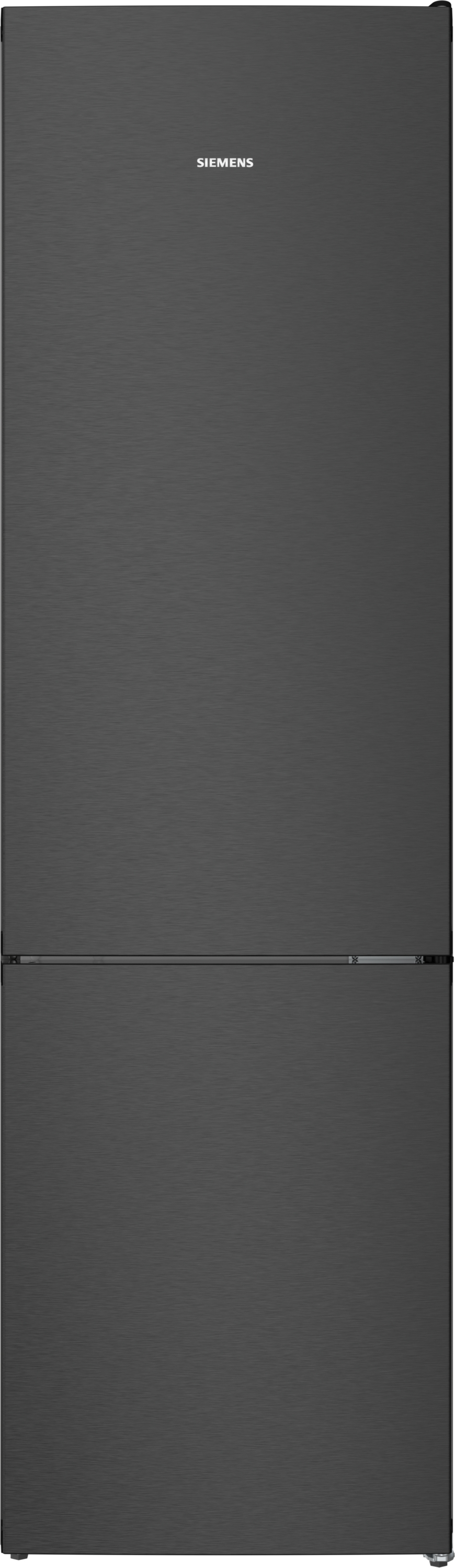 Ein schwarzer Siemens-Kühlschrank. Er hat zwei Türen, ein Gefrierfach unten. Das Siemens-Logo ist oben.