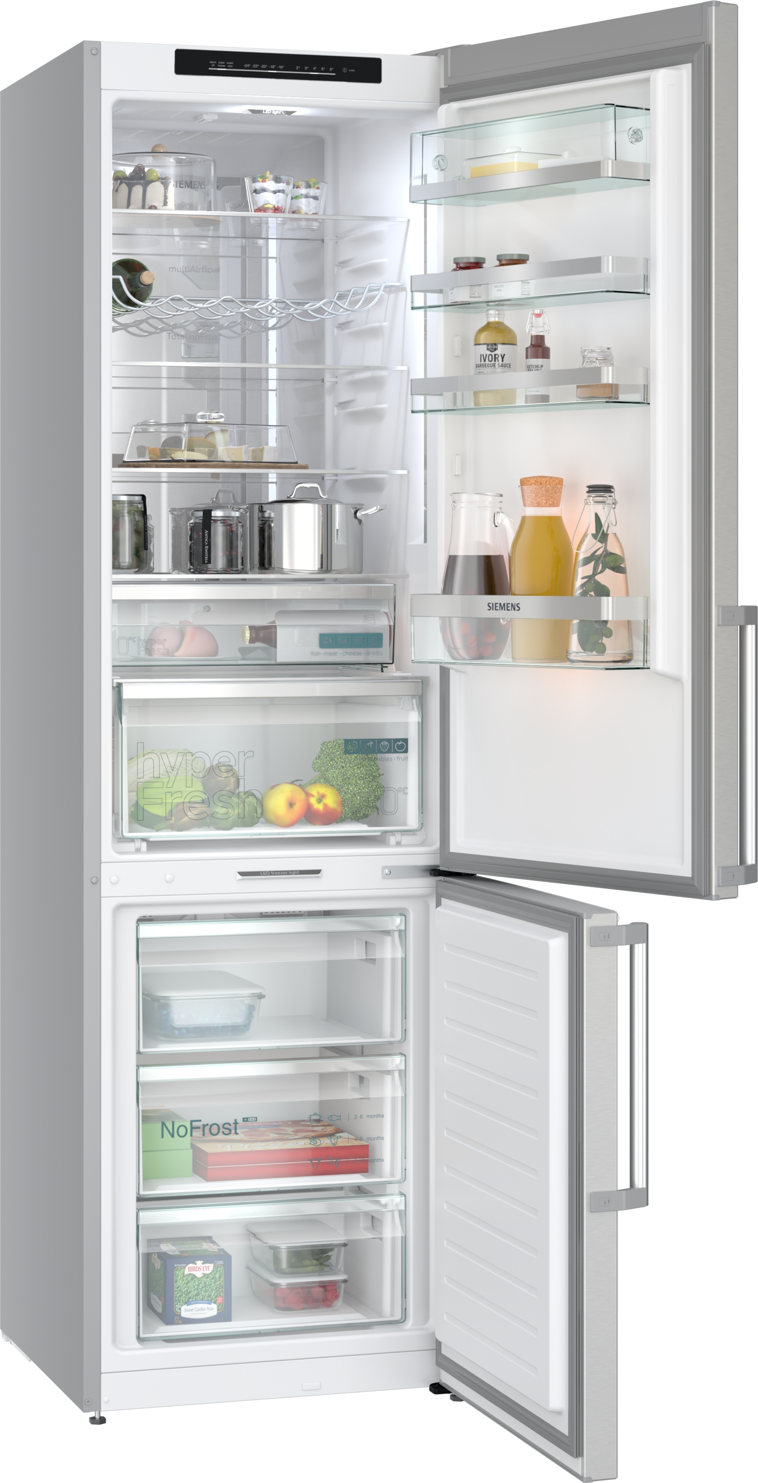 Weißer und silberner Kühlschrank, offene Türen, helles Innere.