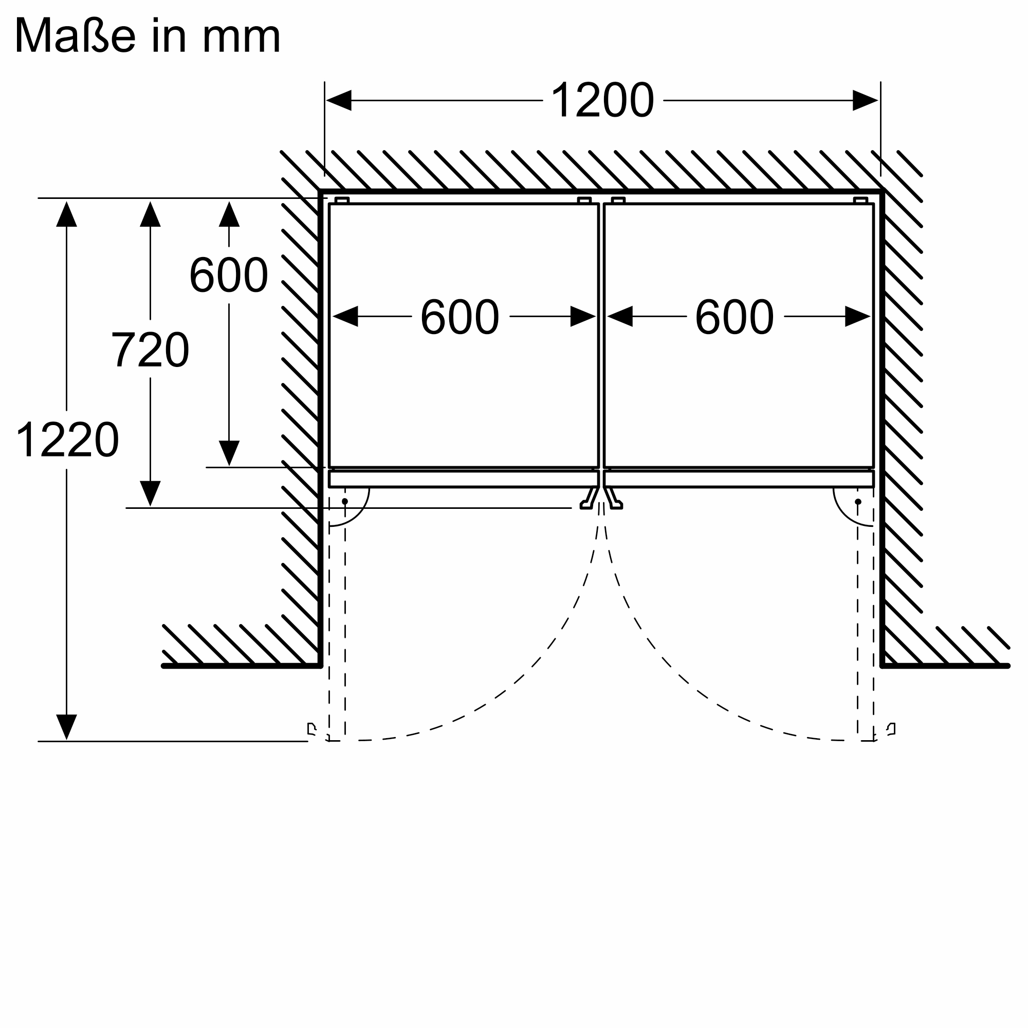 Diagramm eines Doppeltürschranks mit Abmessungen in mm. Gestrichelte Linien zeigen den Türanschlag.