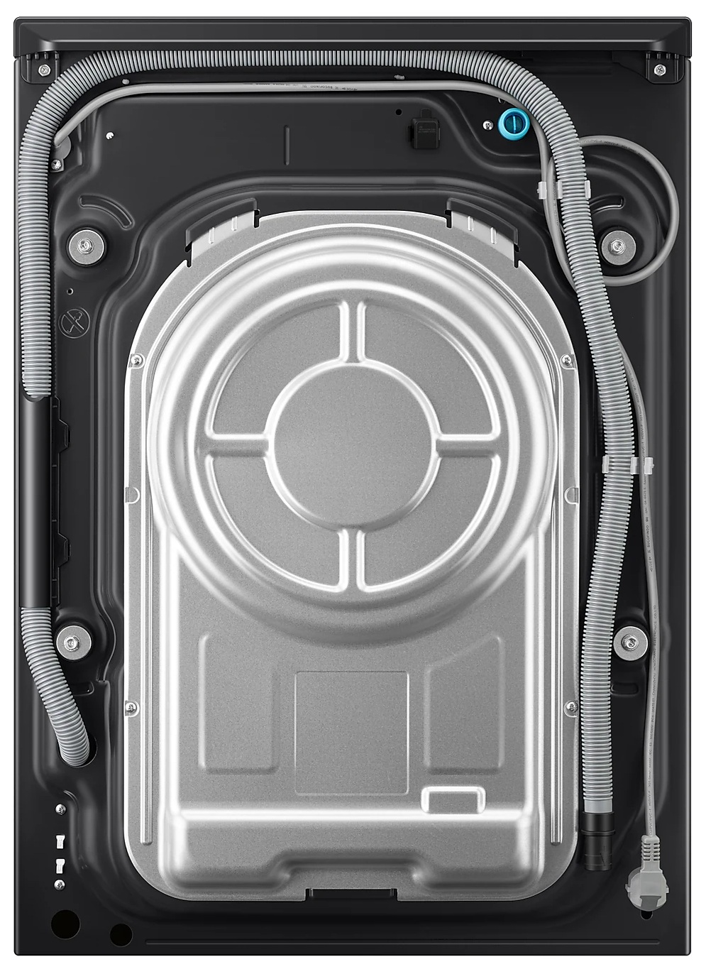 Tył pralki z wężami i przewodem zasilającym.