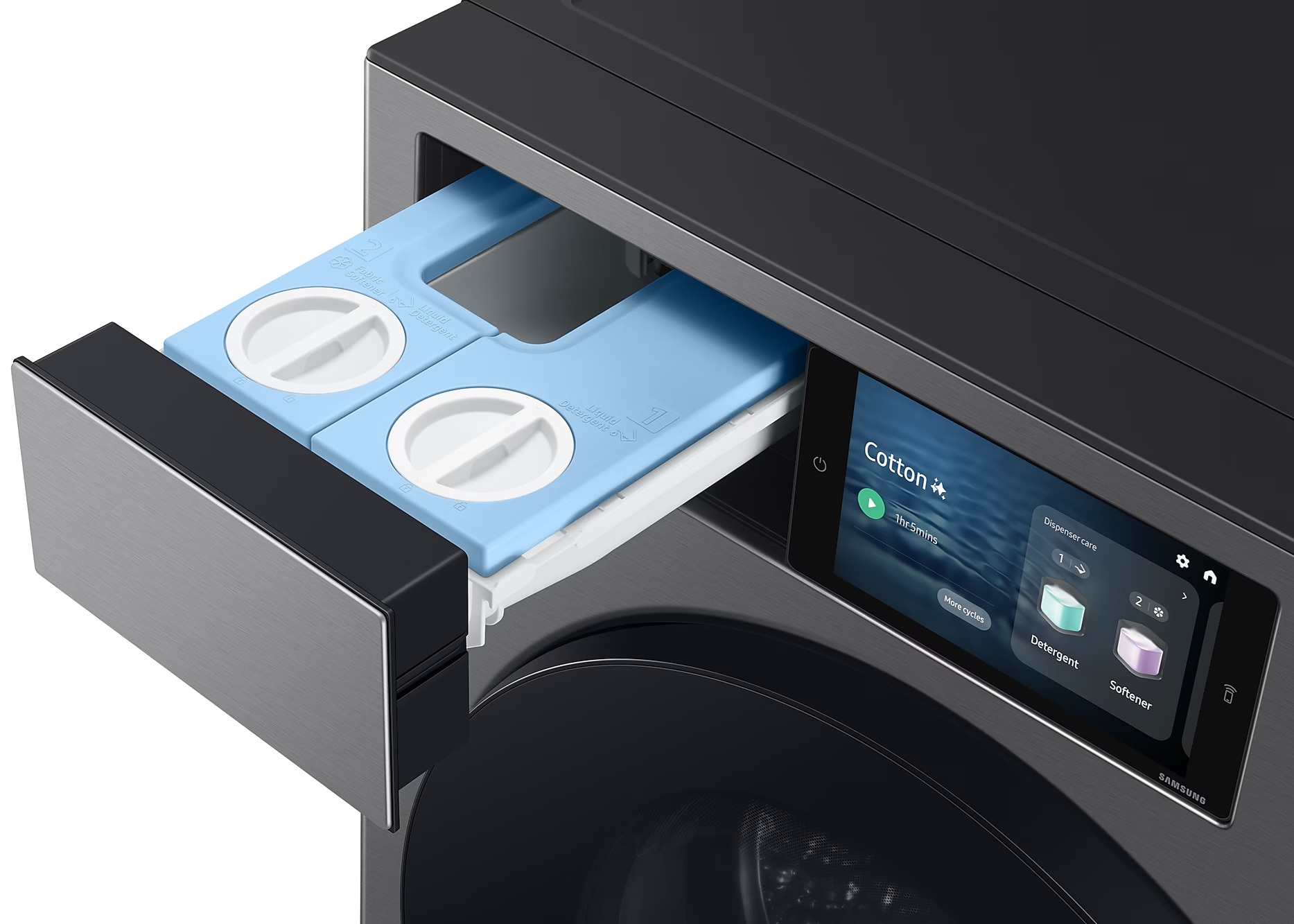 Szuflada na detergent pralki, częściowo otwarta.