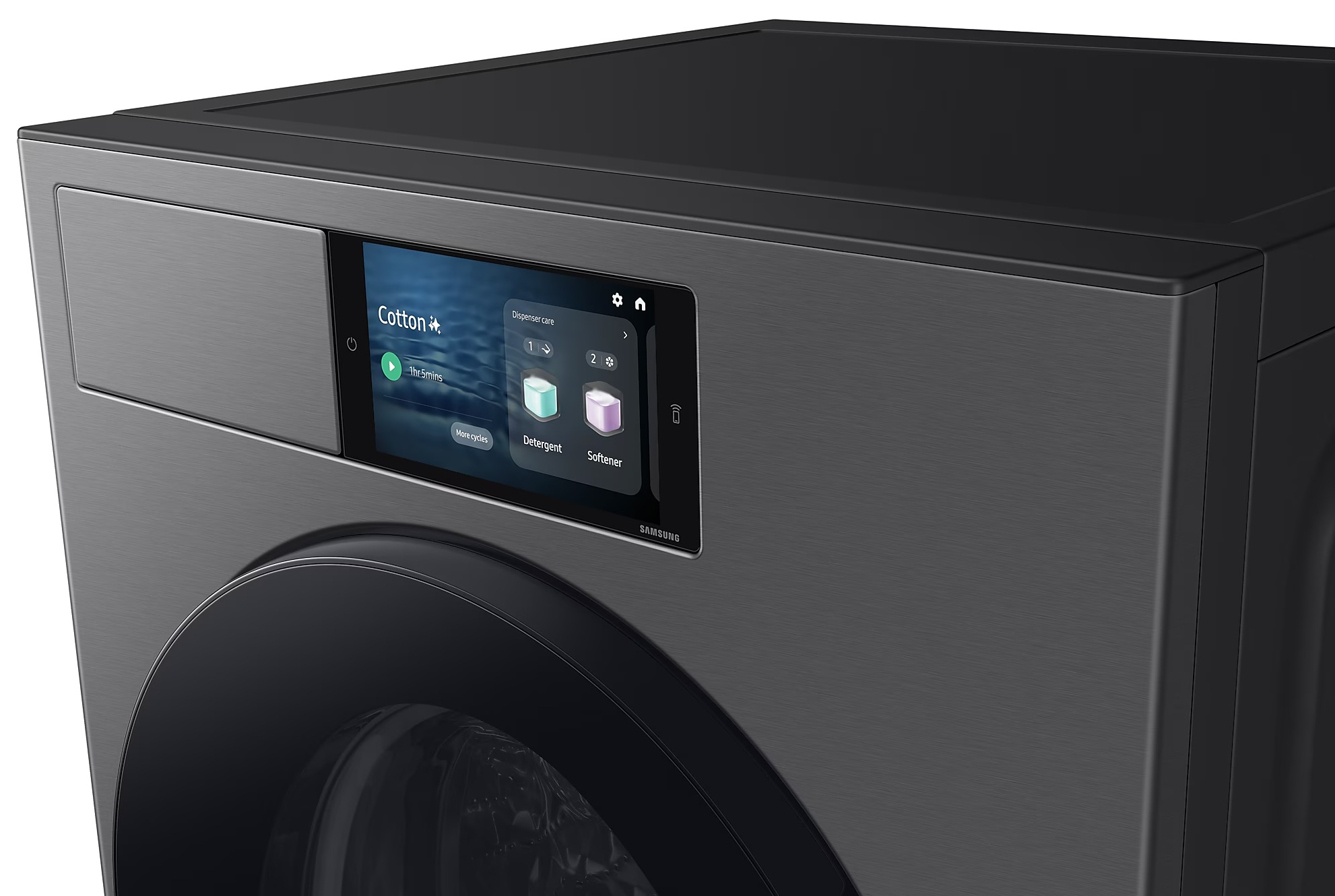 Zbliżenie ciemnoszarego wyświetlacza pralki. Ekran pokazuje opcje programu.