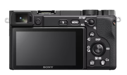 Tył czarnego aparatu z ekranem, przyciskami i logo Sony.