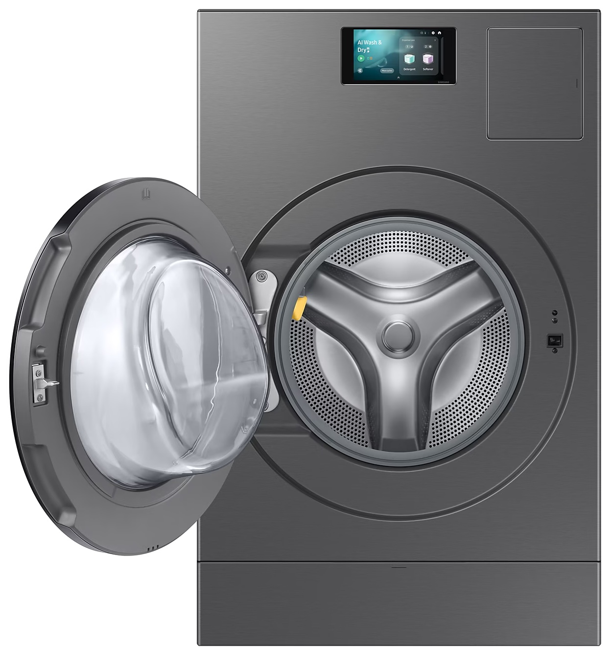 Pralka z otwartymi drzwiami, widać bęben. Ekran wyświetla ustawienia.