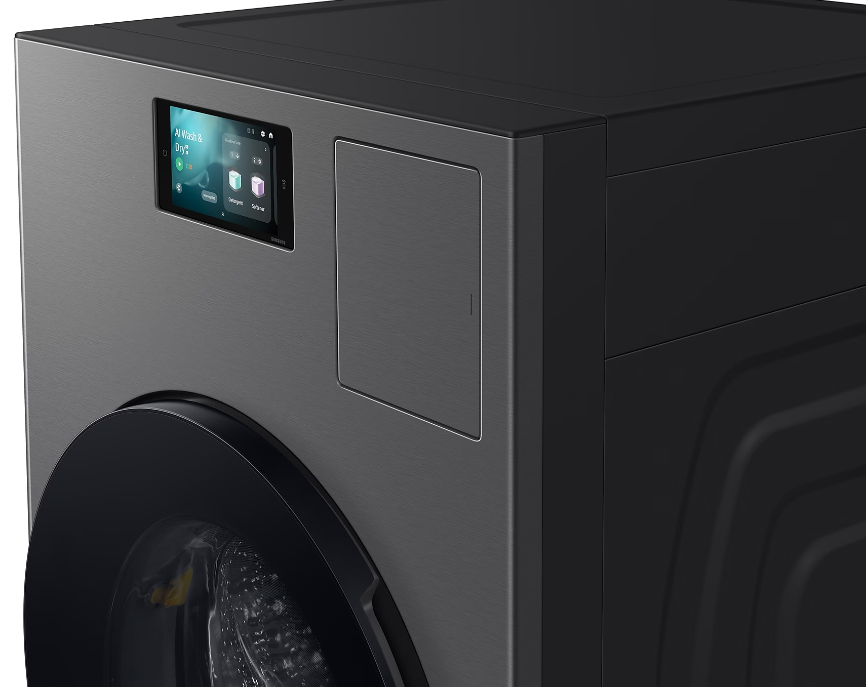 Pralka, zbliżenie panelu sterowania, ciemny kolor.