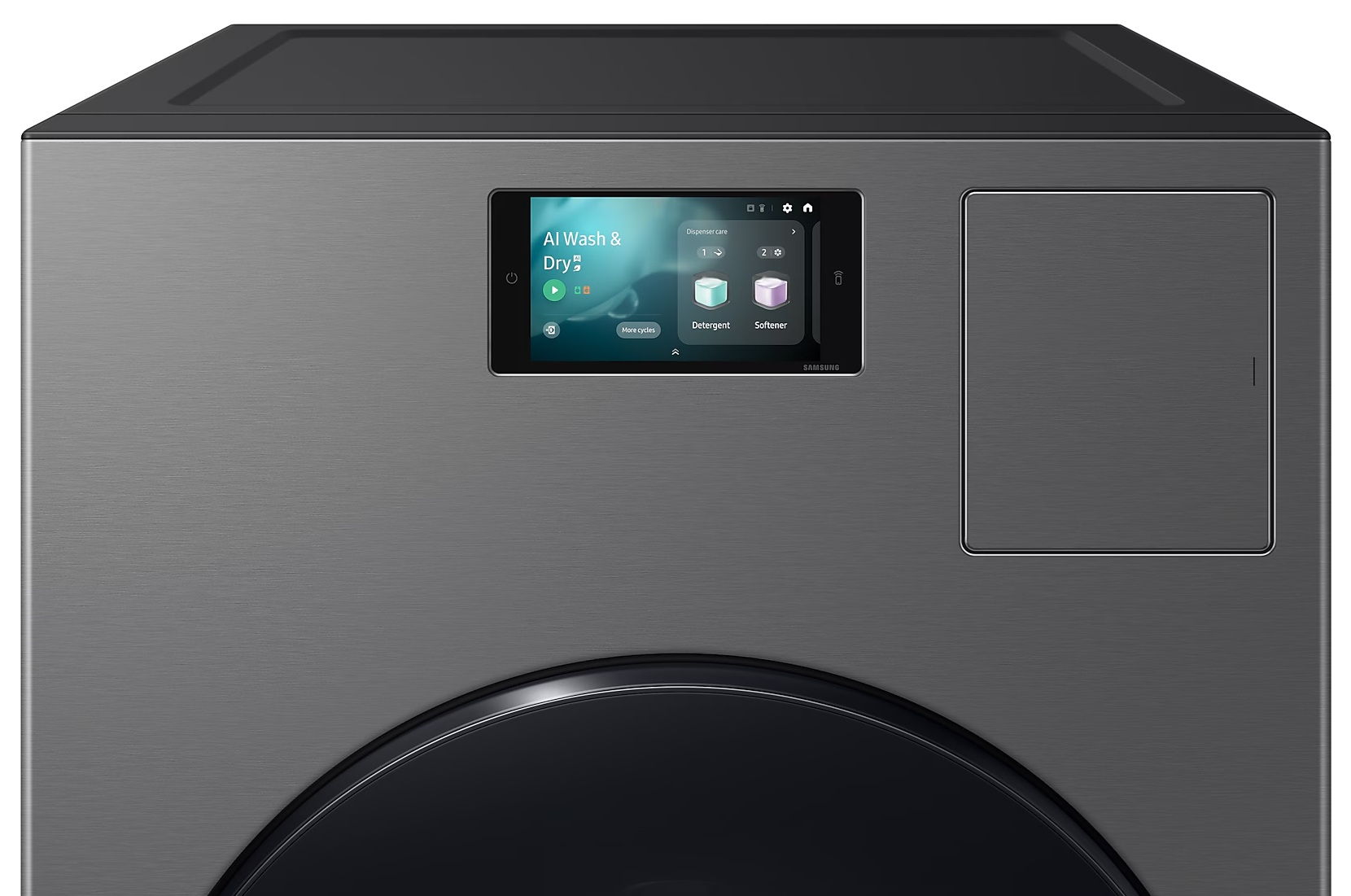 Szara pralka z ekranem pokazującym opcje prania.