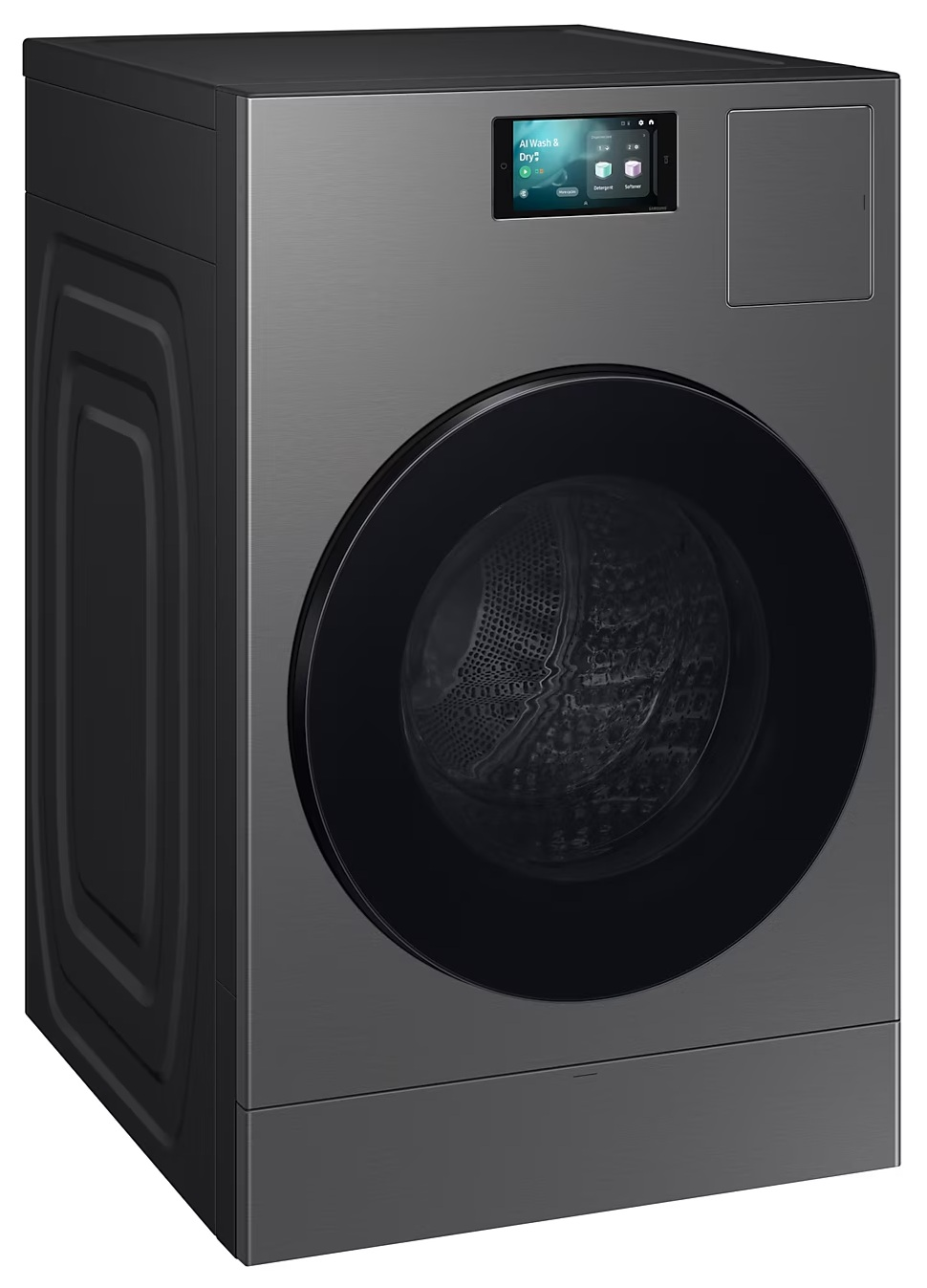 Ciemnoszara pralka z cyfrowym wyświetlaczem i okrągłymi drzwiami.