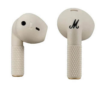 Dwa bezprzewodowe słuchawki douszne, każdy z unikalnym designem.