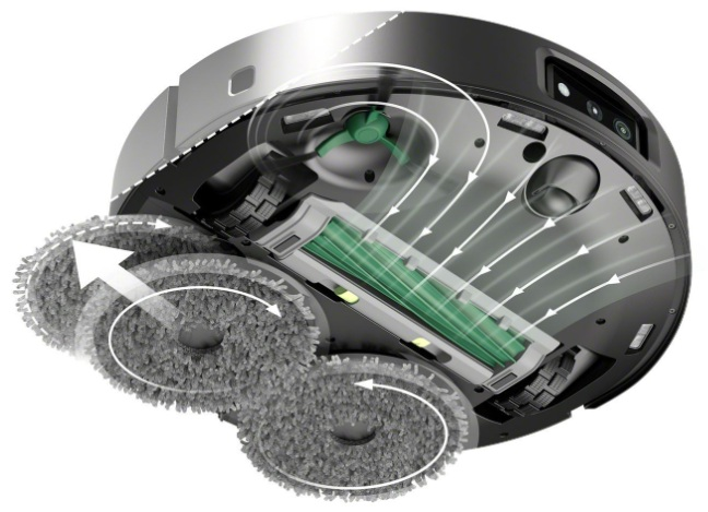 Odkurzacz robot z obracającymi się szczotkami i schematem pokazującym przepływ powietrza.