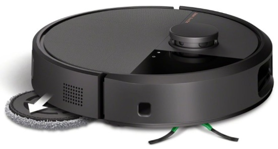Robot sprzątający. Czarny kolor z obracającą się nakładką czyszczącą. Odkurzacz jest na podłodze.