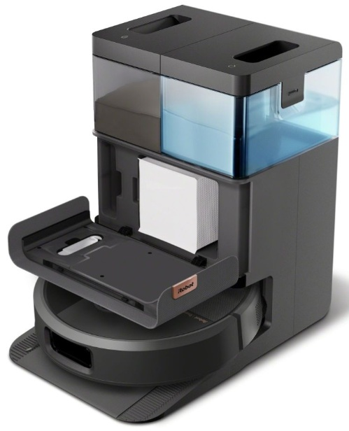 Robot odkurzający i stacja bazowa, ze zbiornikiem na wodę i pojemnikiem na kurz.