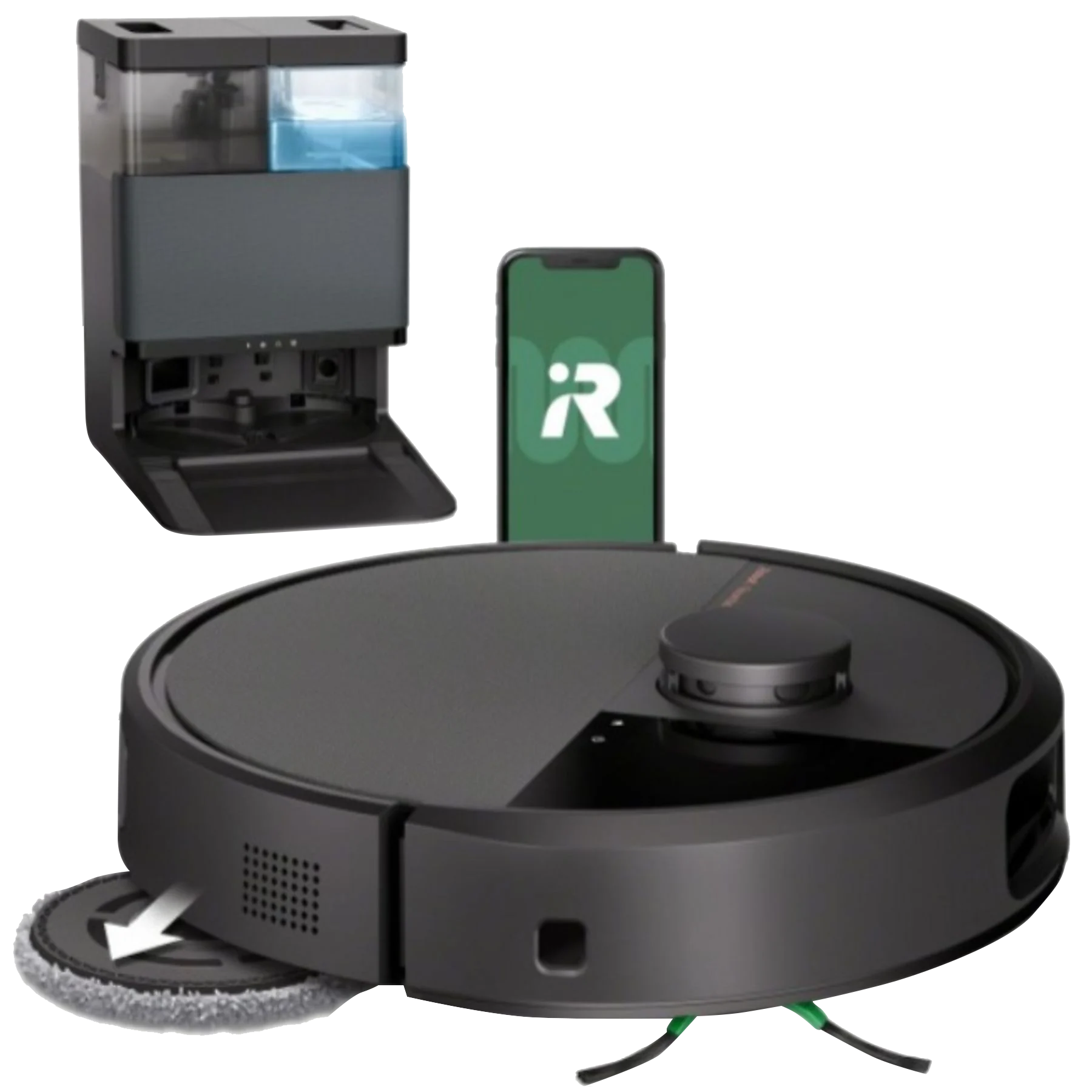 Robot sprzątający, stacja ładująca i telefon z aplikacją na czerwonym tle. Odkurzacz jest czarny, okrągły.