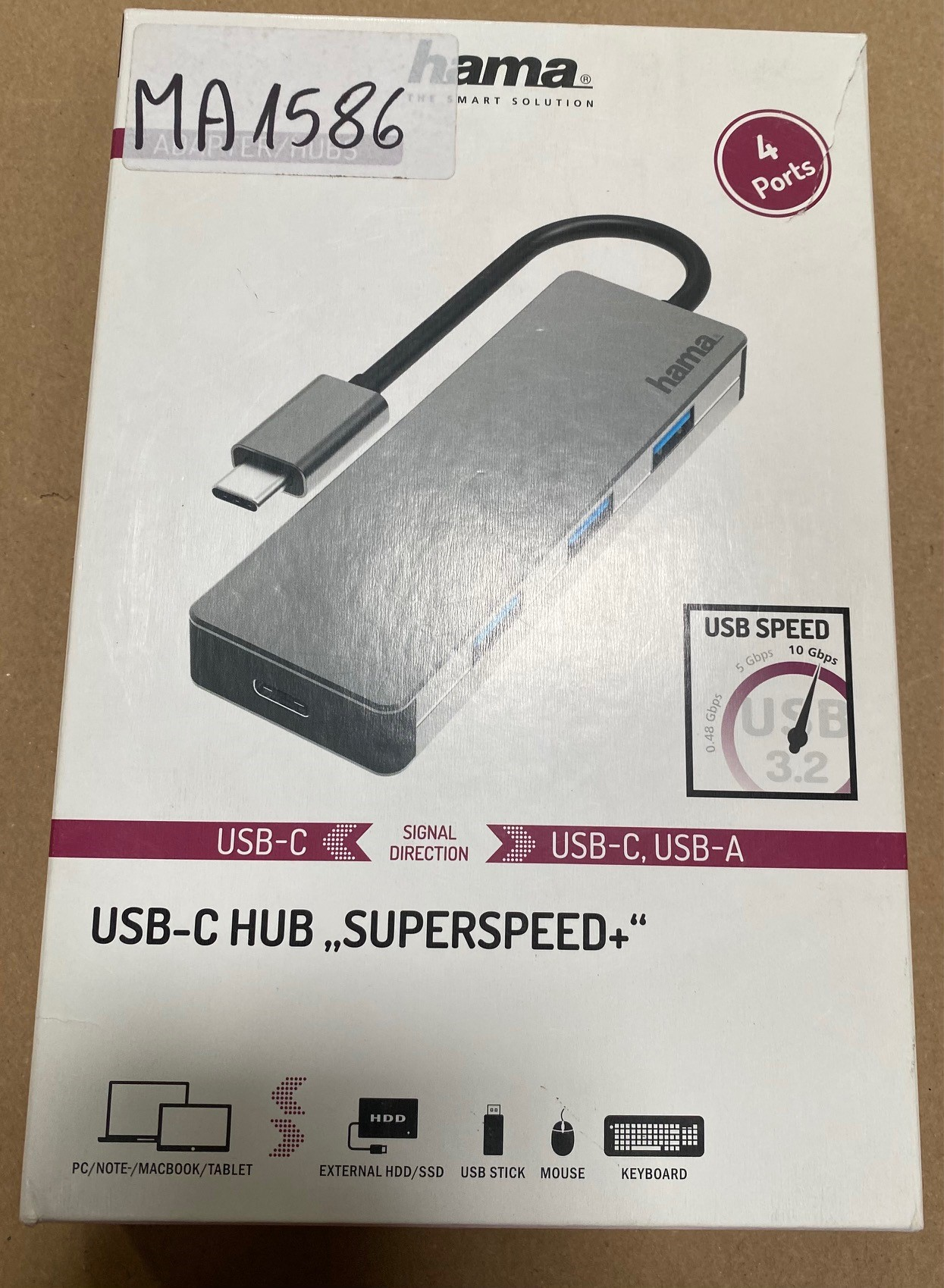 Koncentrator USB-C Hama z portami USB-C i USB-A. Pudełko pokazuje szczegóły prędkości USB i nazwę produktu.