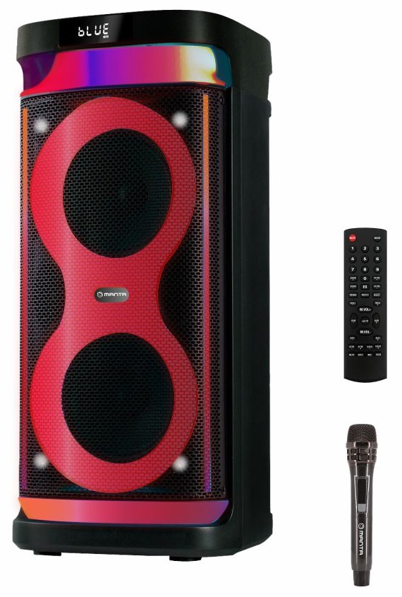 Czarny głośnik z czerwonym środkiem, mikrofonem i pilotem po prawej stronie.