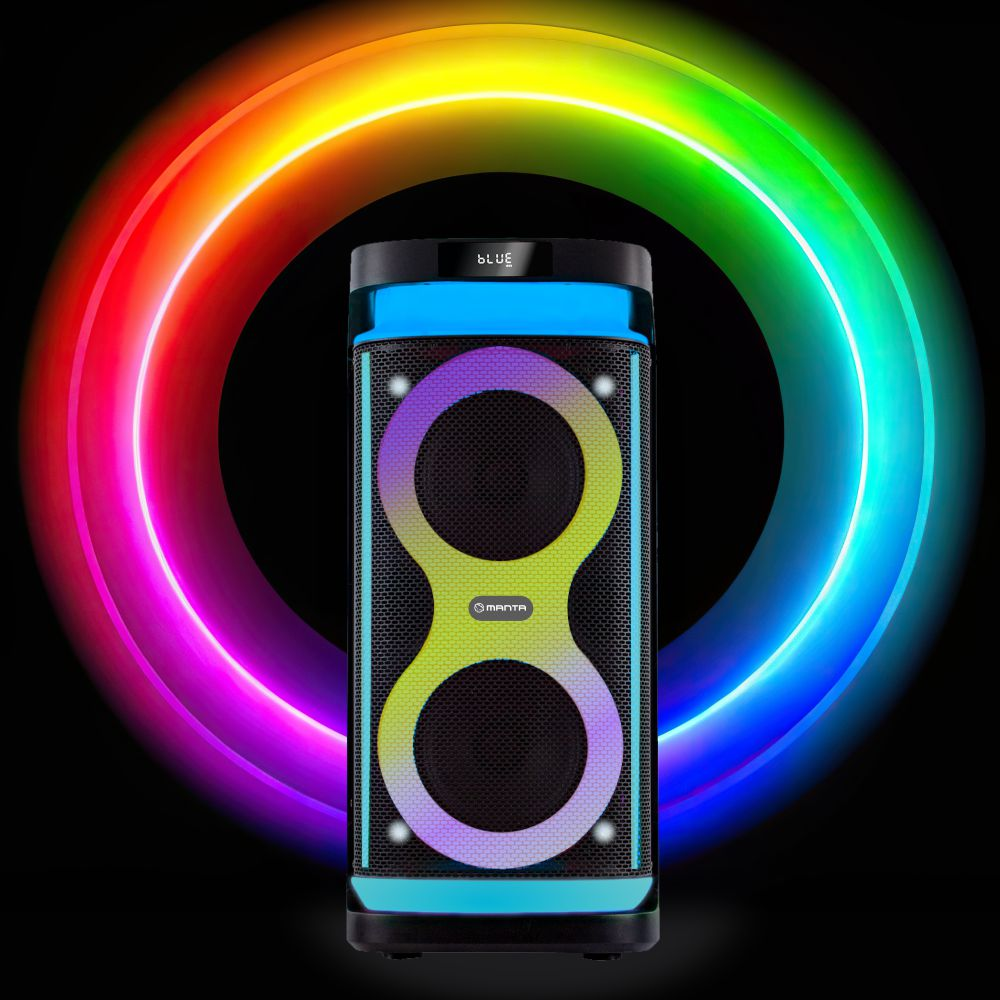 Czarny i niebieski głośnik ze światłem tęczy.