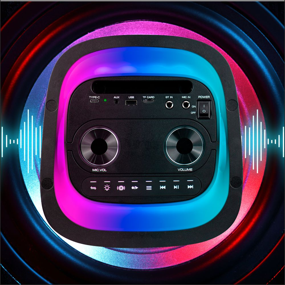 Zbliżenie głośnika z pierścieniem zmieniających się kolorów, z widocznymi przyciskami i kontrolkami.