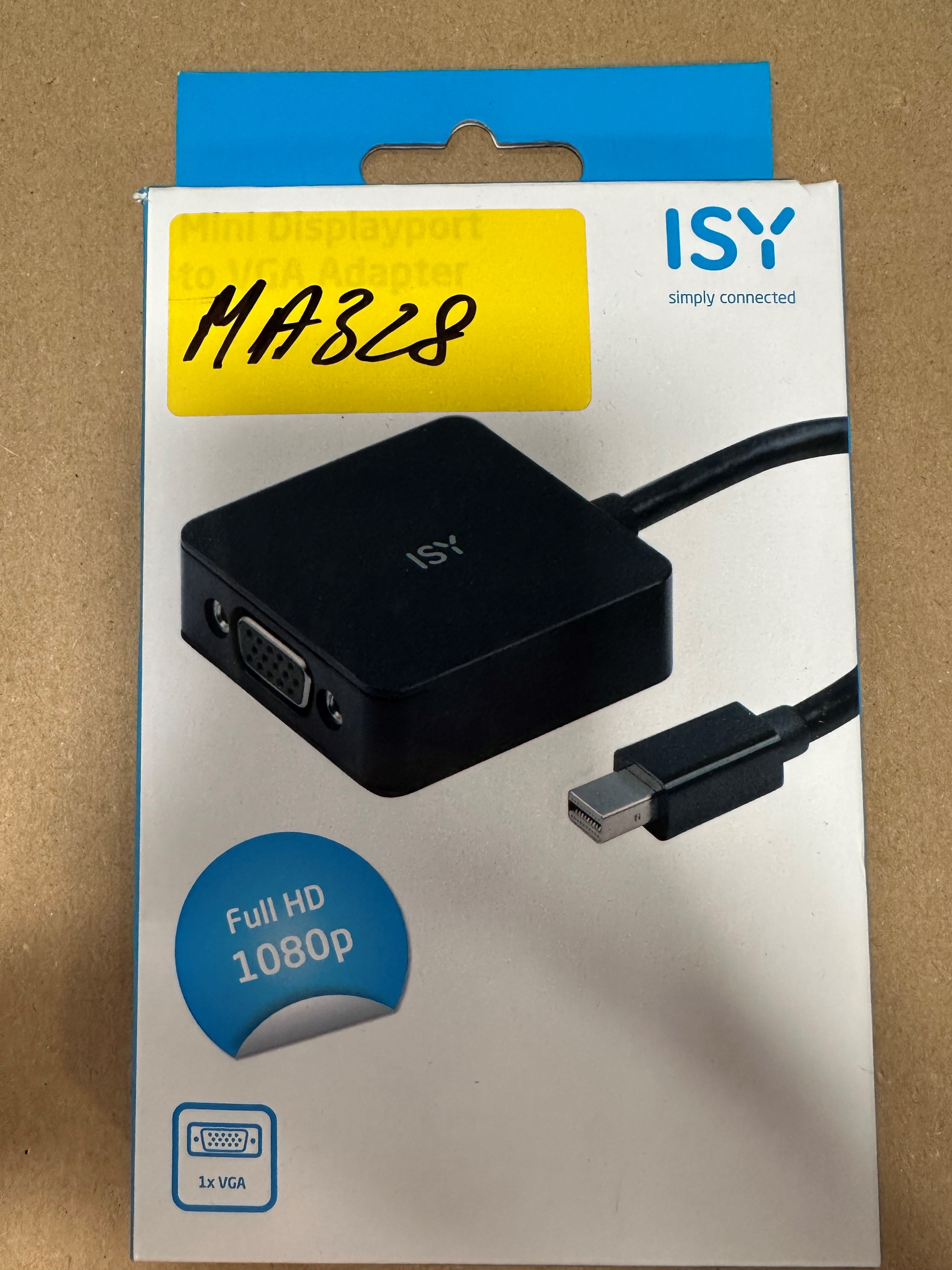 Czarny adapter ISY Mini DisplayPort do VGA w pudełku z etykietą.